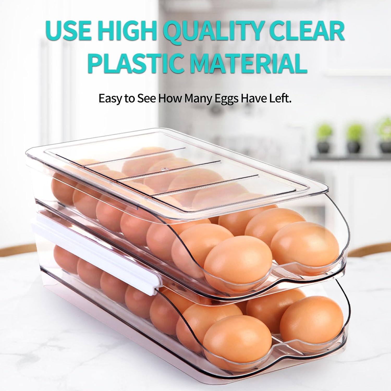 RoskDeewat Egg Holder for Fridge, Automatic Rolling Egg Container for Refrigerator, Stackable Fridge Organizers and Storage with Lid, Clear Plastic Egg Dispenser,Bin & Tray (1 Tier) - Image 4