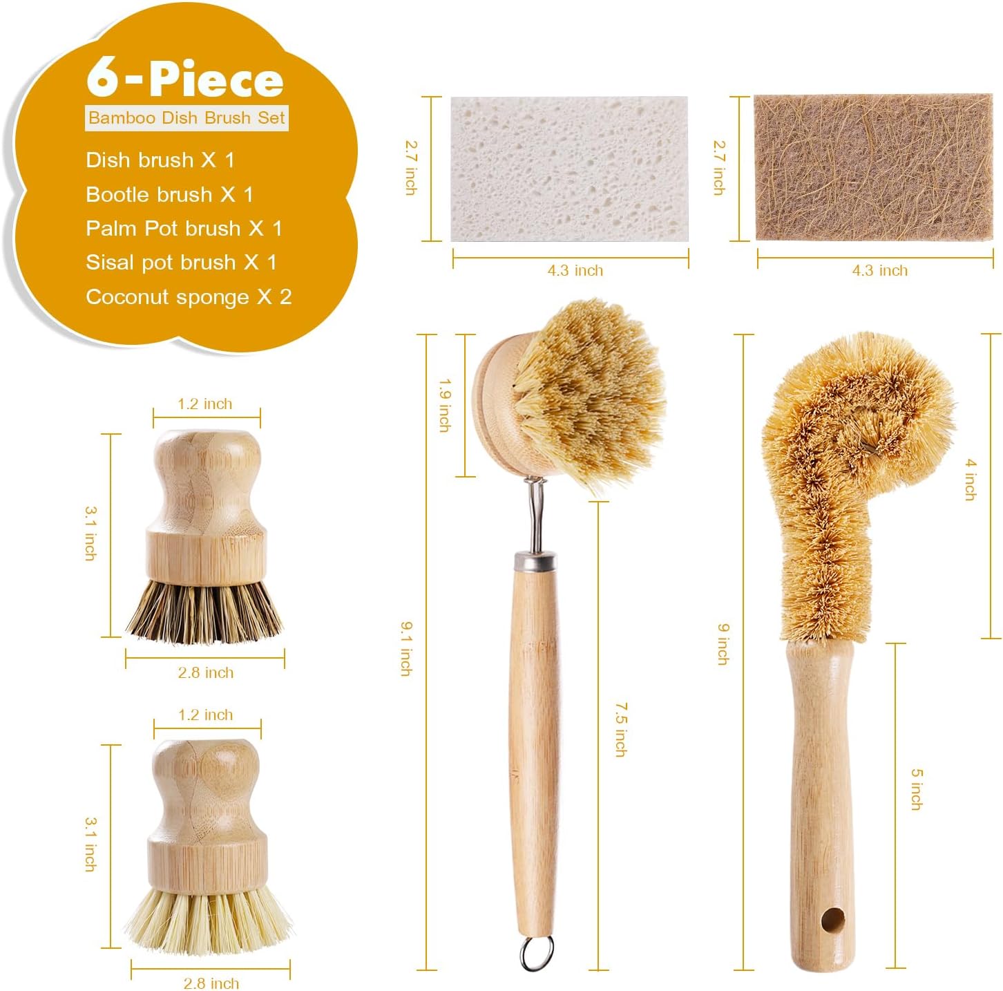 DEBETOOL 6 Piece Bamboo Dish Brush Set with Coconut Sponge - Wooden Dish Brush with Sisal and Palm Fiber, Natural Bamboo Dish Scrub Brush for Kitchen Cleaning Dishes, Pots, Pans, Bottles, Vegetables - Image 2