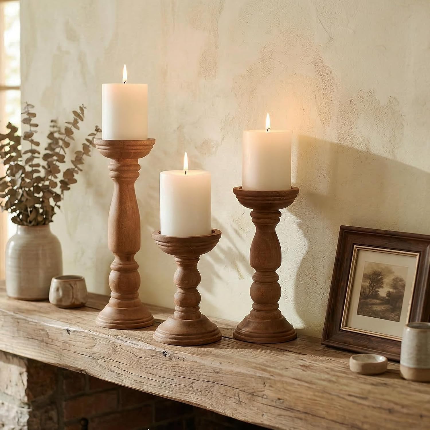 BANOMII Farmhouse Wooden Candle Holders for Pillar Candles Set of 3, Rustic Wood Candle Holder Table Centerpiece Decor, 12'' 9'' 6'' Vintage Tall Candle Stand Decorative, Brown - Image 7