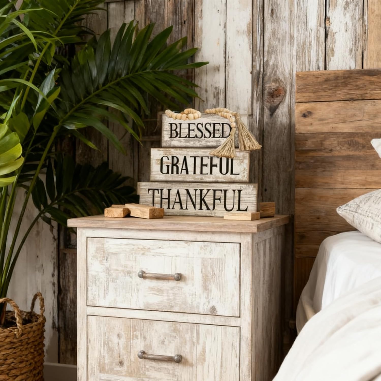 4 Pcs Farmhouse Wooden Tabletop Decor Neutral Farmhouse Tiered Tray Decor Rustic Retro Wood Bead Garland Blessed Grateful Thankful Block Sign Centerpiece for Coffee Home Office Shelf Mantle Table - Image 9
