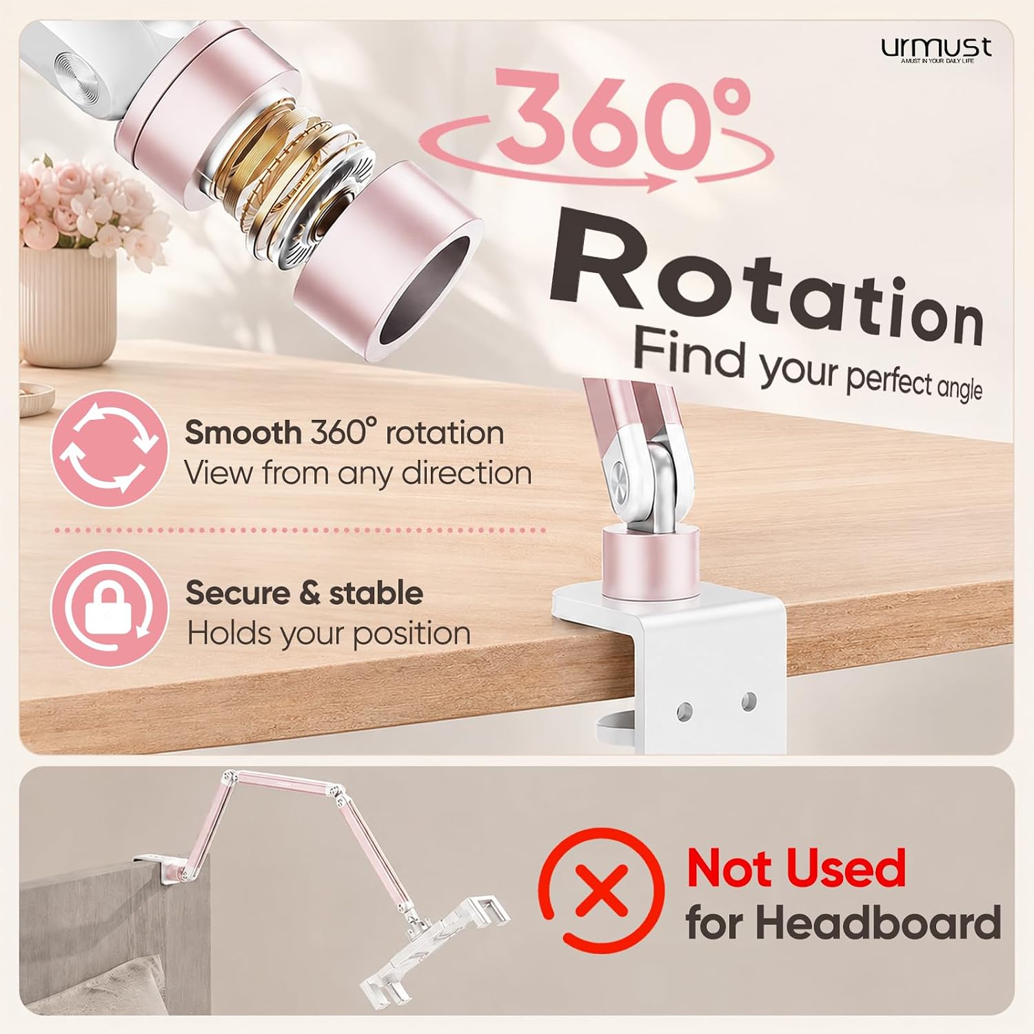 Urmust Portable Monitor Stand 15.6", iPad Stand for Desk, Portable Monitor Holder up to 18.5", Adjustable Desktop Tablet Arm Mount, iPad Holder for Desk, for 4.7"-12.9" i Pad Pro/Air/Mini Pink - Image 3