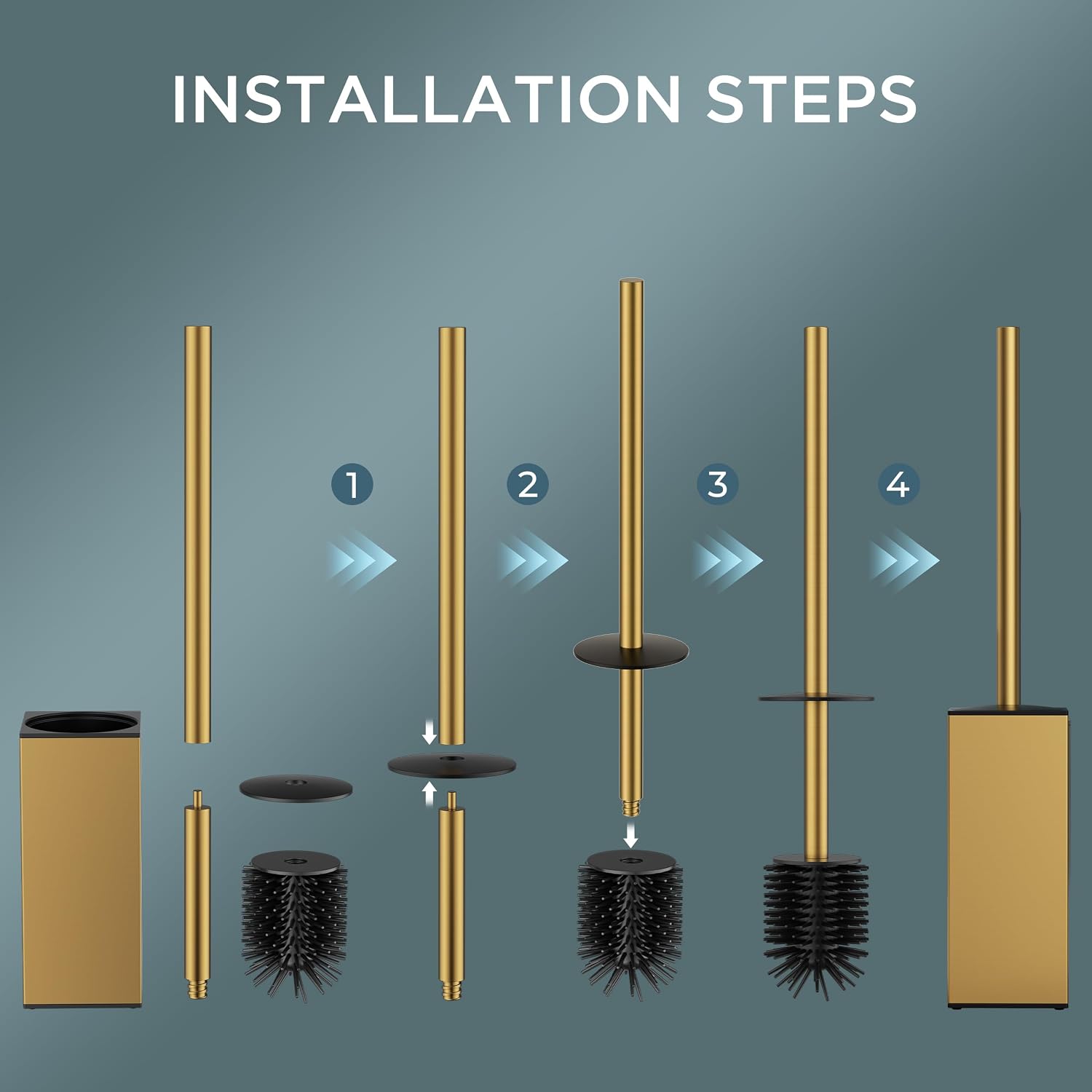 FORIOUS Toilet Brush and Holder Set, SUS304 Stainless Steel Square Base, Extended Long Handle, Drip-Proof & Space Saving, 2 Replaceable Brush Heads, Plastic & Silicone Dual Brush Head, Drak Gold - Image 8