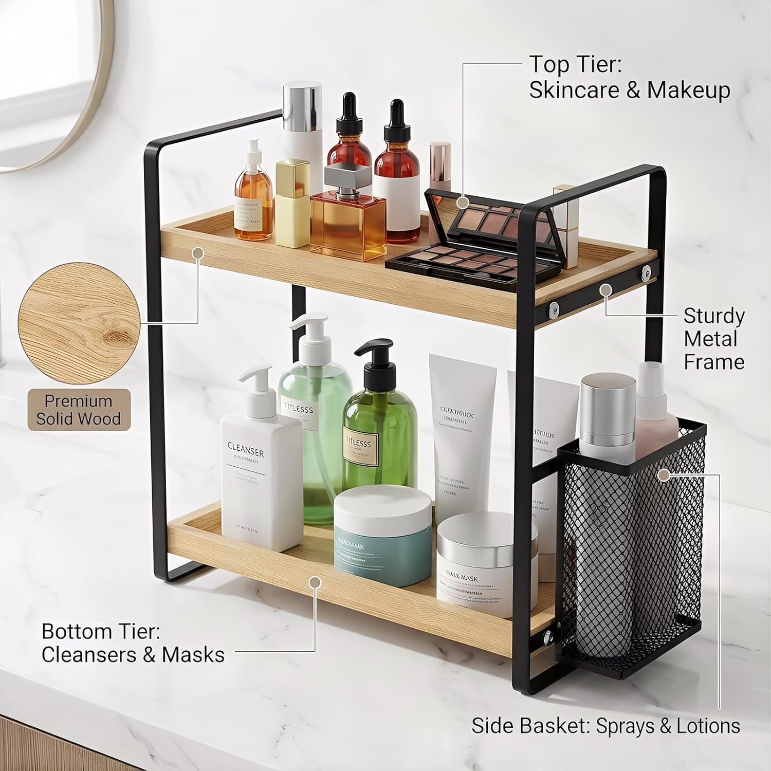 LEMIKKLE 2-Tier Wood Bathroom Counter Organizer with Basket,Waterproof Vanity Perfume Skincare Storage for Bathroom, Kitchen, Dresser - Image 4