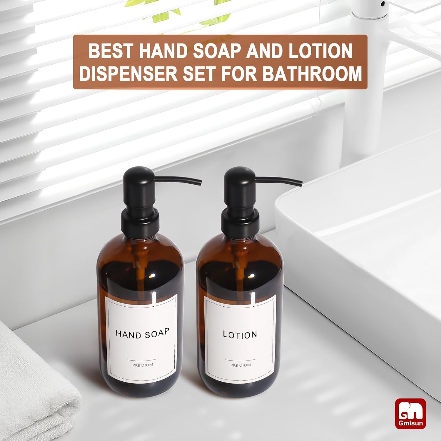 GMISUN Amber Glass Soap Dispenser, 2 Pack Bathroom Hand Soap Dispensers with Stainless Steel Pump, 17 Fl Oz Kitchen Hand and Dish Soap Dispenser Set, Modern Vintage Liquid Brown Soap Dispensers Bottle - Image 6