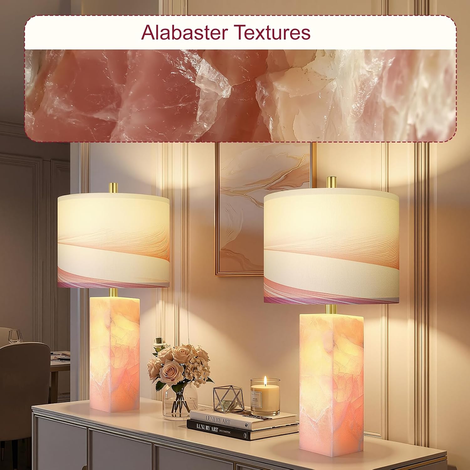 Scenekoy 23" Alabaster Table Lamp Set of 2 with Night Light for Bedroom Living Room, Rotary Switch, Pink Modern Table Lamp with Linen Shade, Nightstand Lamps for Room Bedside Office (Bulb Included) - Image 6