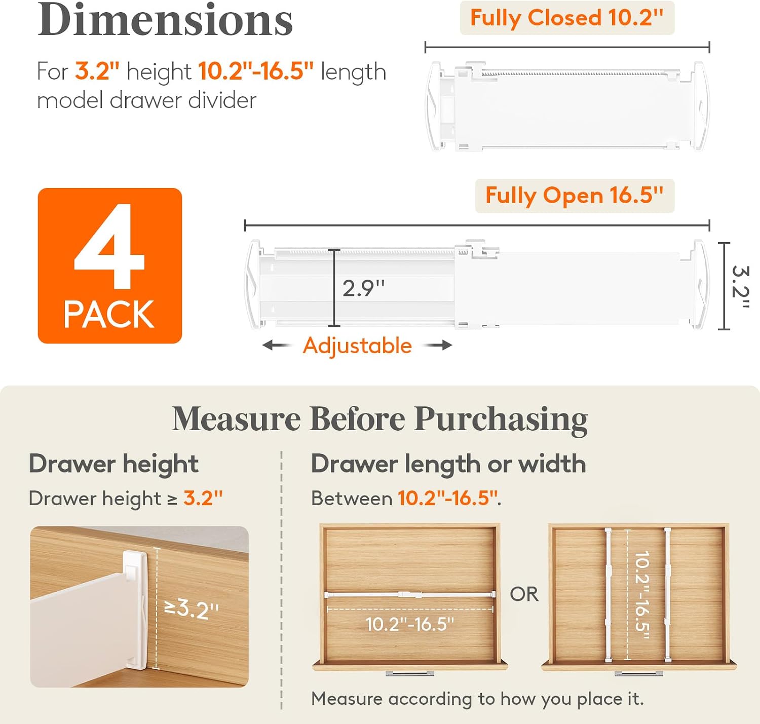 Lifewit Drawer Dividers for Clothes, 3.2" High 10.5"-16.5" Expandable Dresser Drawer Organizers, Adjustable White Plastic Separators for Kitchen, Cabinet, Nursery, Socks & Underwear Storage, 4 Pack - Image 2
