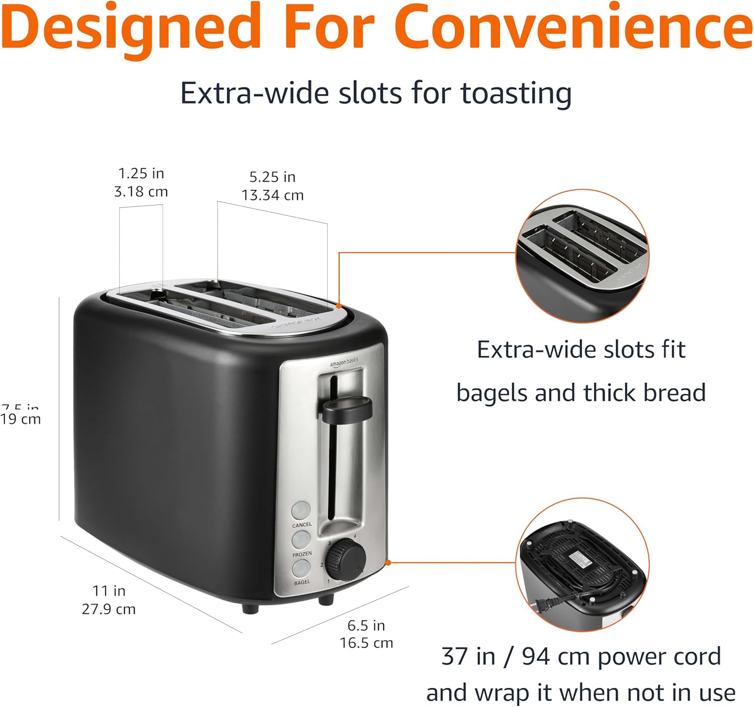 Amazon Basics 2 Slice Toaster, Extra Wide Slots for Bagels, 6 Browning Settings, Removable Crumb Tray, Defrost/Cancel/Bagel Buttons, Cord Wrap, 900W, Black & Silver - Image 3