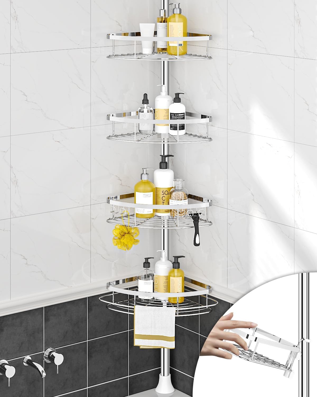 SEIRIONE Rustproof Shower Corner Caddy Organizer for Bathroom, 4 Adjustable Shelves with Tension Pole, for Bathtub Shampoo Accessories Storage Holder, 34 to 116 Inch Height, Silver