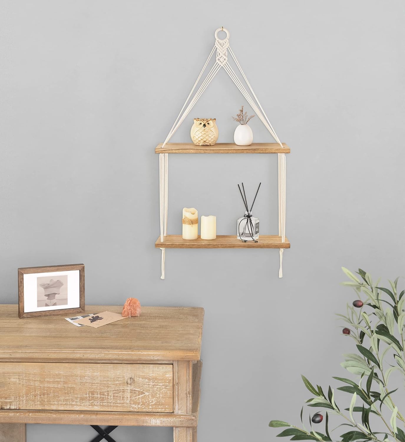 Mkono Macrame Hanging Shelf Boho Wall Decor 2 Tier Handmade Cotton Rope Rustic Wood Floating Shelves Display Photos Plants Hanging Storage Shelving for Living Room Nursery Bathroom Bedroom - Image 7