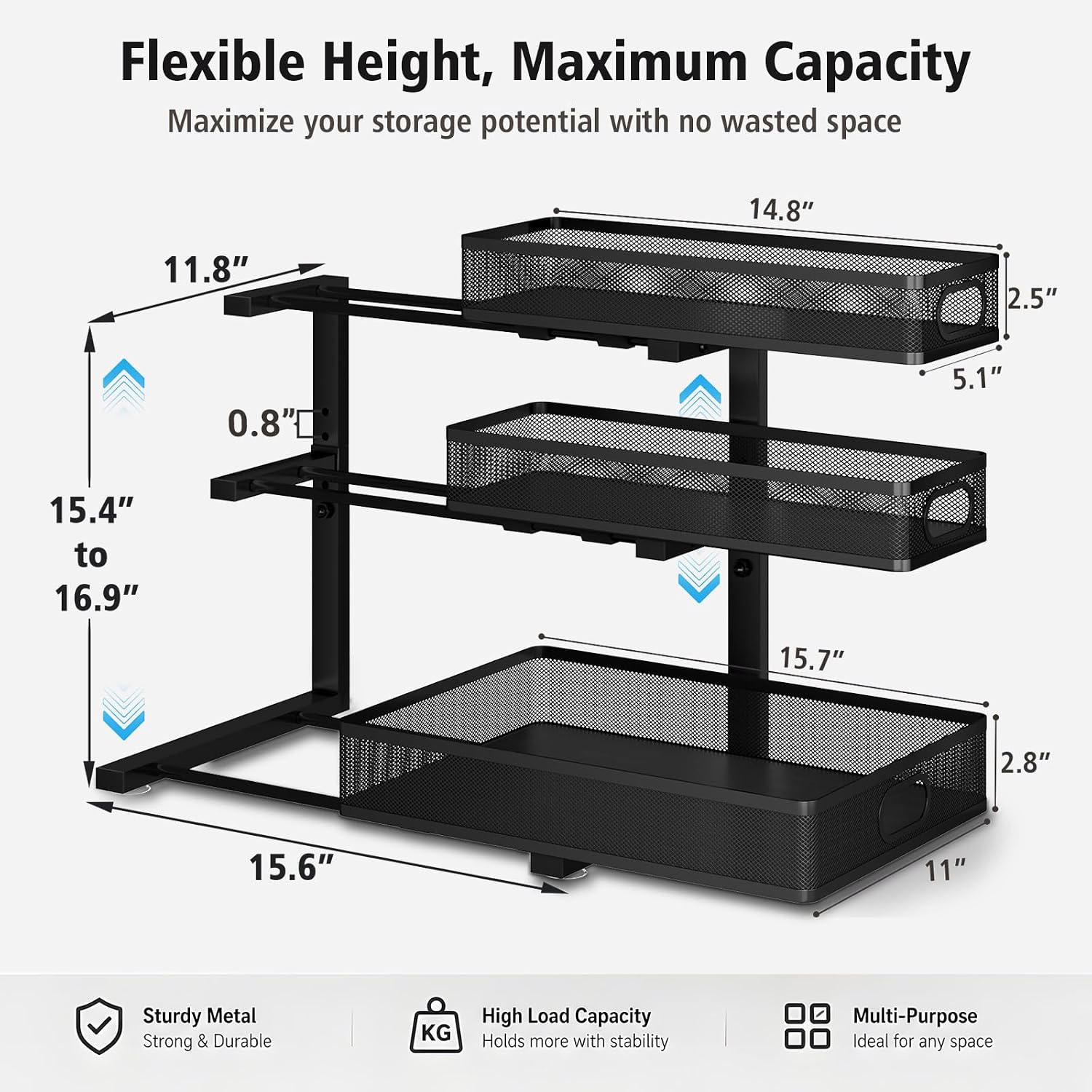 Under Sink Organizer, 3 Tier Pull Out Cabinet Organizer with 5 Adjustable Heights, Metal Under Sink Storage with Sliding Drawers for Kitchen, Bathroom, Pantry and Laundry Room, 2-Pack Black - Image 3