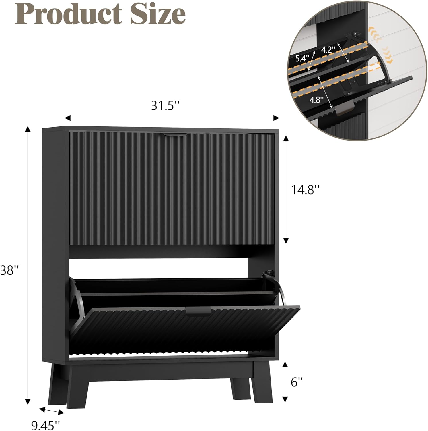 HUANLEGO Shoe Cabinet Storage for Entryway with 2 Flip Drawers, Fluted Narrow Shoe Organizer with Wooden Legs, Freestanding Slim Shoe Storage Hidden Shoe Rack Organizer for Front Door Entrance, Black - Image 2