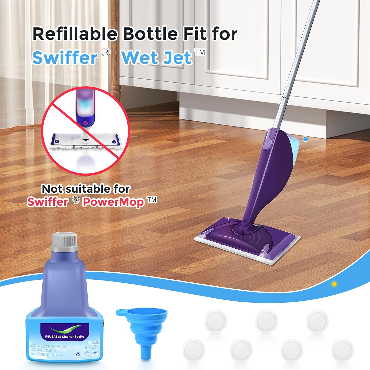 Replacement Bottle for Swiffer® Wet Jet™ Mop, Refillable, 500 ML Leak-Proof HDPE Refillable Bottle, 17 FL OZ Solution Bottles with 7 Sealing Pads and 1 Folding Funnel, Empty Bottle - Image 2