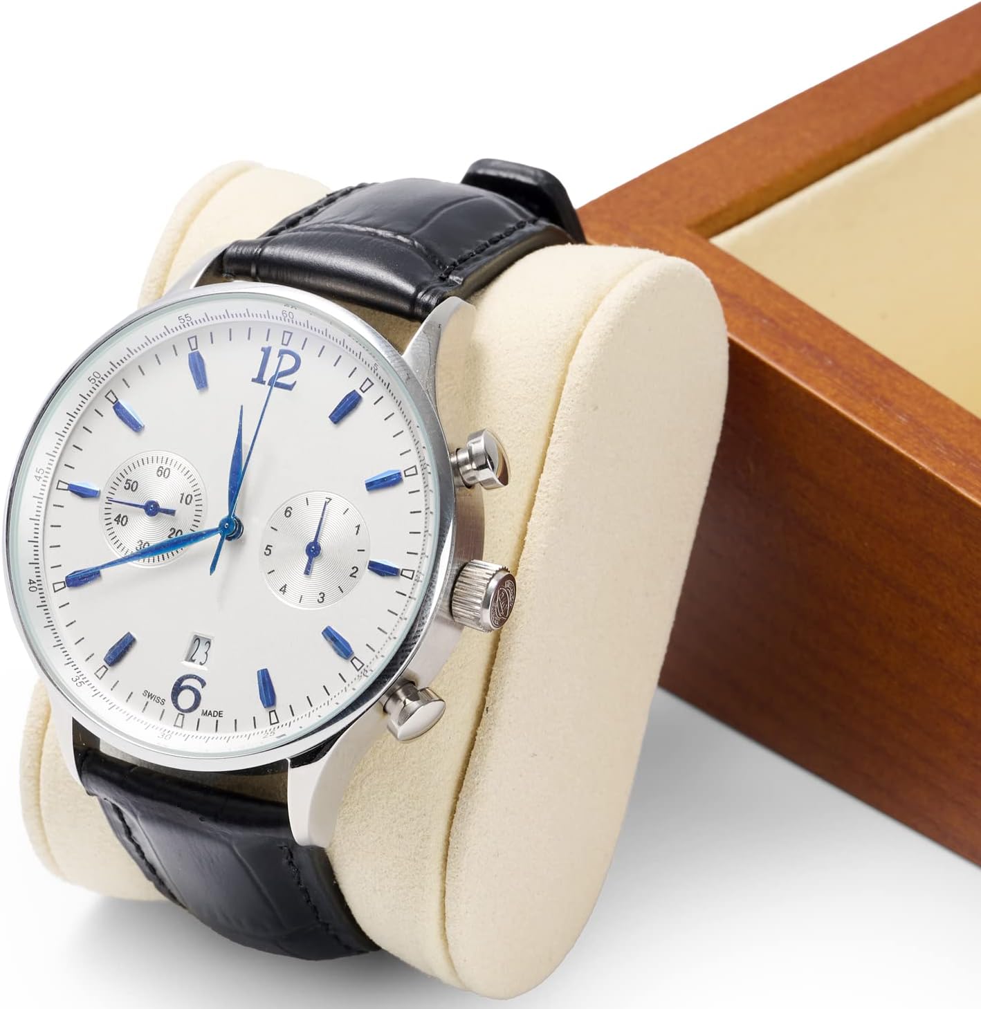 Solid Wood Watch Box Holder Single Watch Travel Case for Men and Women With Microfiber Pillow(Beige) - Image 3