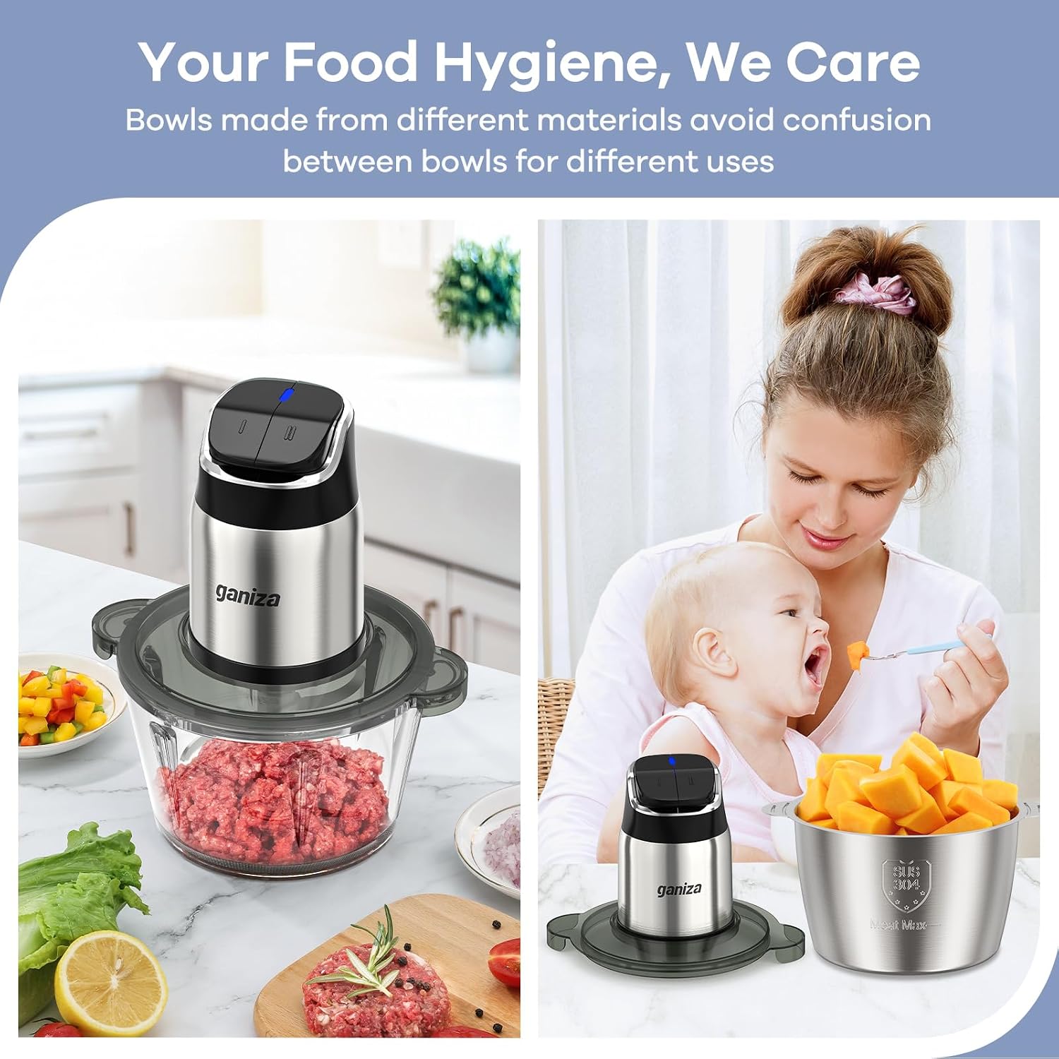 Ganiza Food Processor with Dual Bowls, 2-Speed Food Chopper & Meat Grinder | 8Cup Stainless & 8Cup Glass Bowls, Upgraded Button & Smart Overheat Protection Light - Includes Clean Brush, 2 Sets of Blades - Image 5