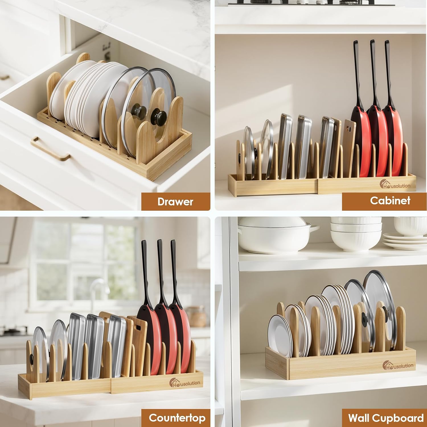 Housolution Bamboo Pot and Pan Organizer for Cabinet, 15"-29" Expandable Pot Lid Organizer with 10 Adjustable Dividers, Wooden Pan Holder Storage Rack, Fully Expanded Size 29.5" W x 8" D x 7.5" H - Image 5