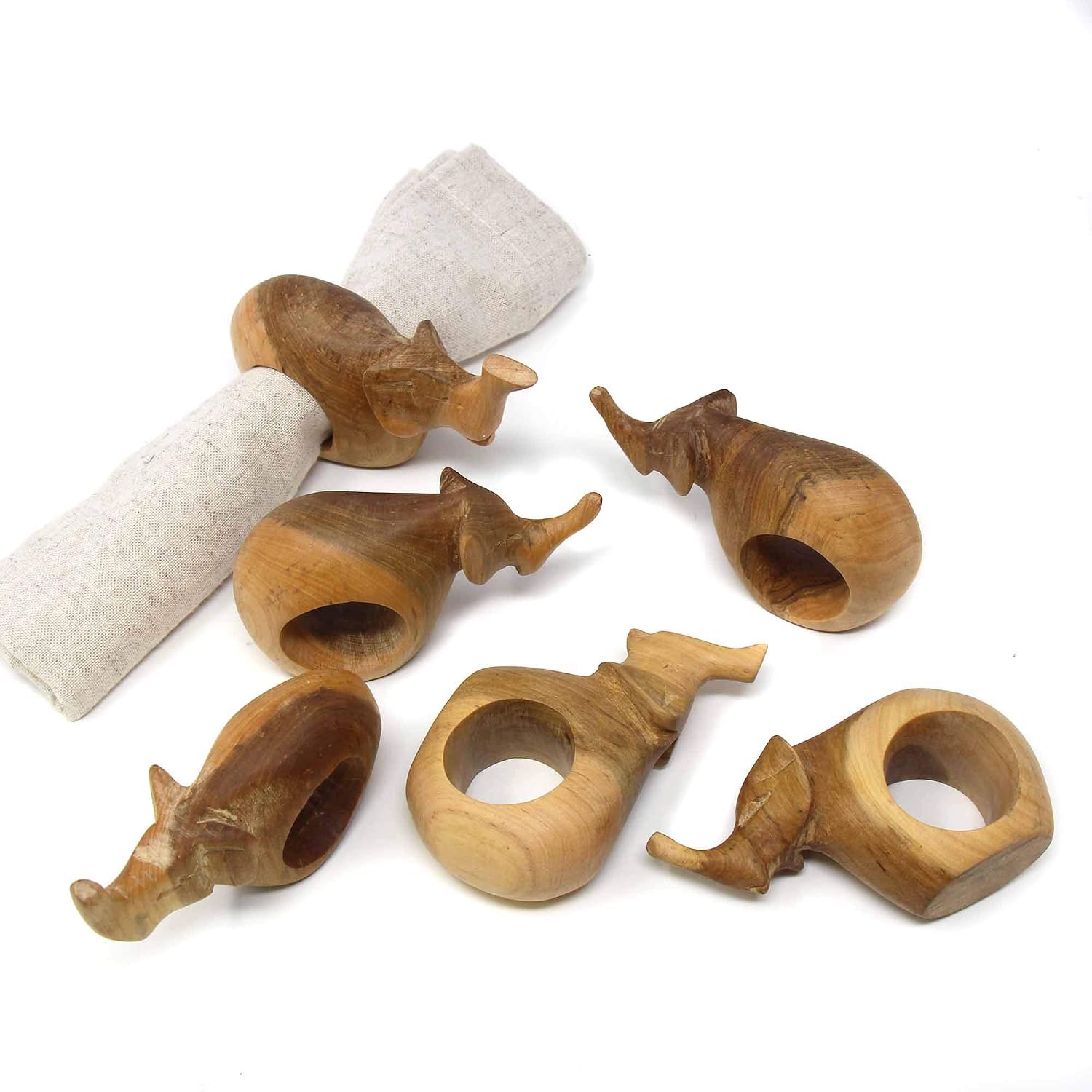 Global Crafts - Handcarved Mahogany Wooden Napkin Ring Holders, Elephant, Set of 6 - Rustic Decor - Image 5