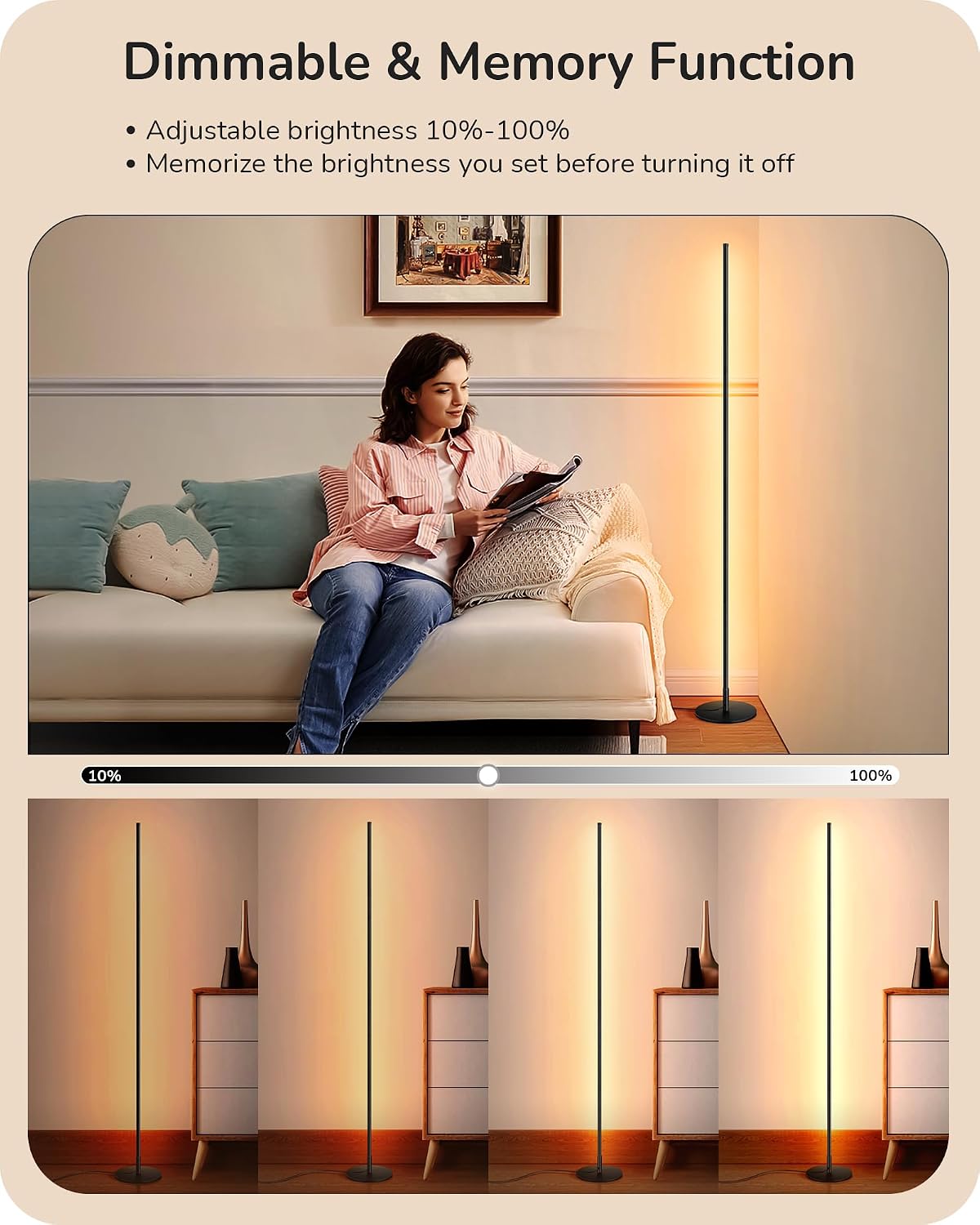 EDISHINE LED Corner Floor Lamp, 57.5" Minimalist Dimmable Sleek Light, Adjustable Height, Standing Tall Floor Lamps for Living Room, Bedroom, Office, 3000K Warm White Light, Black - Image 2
