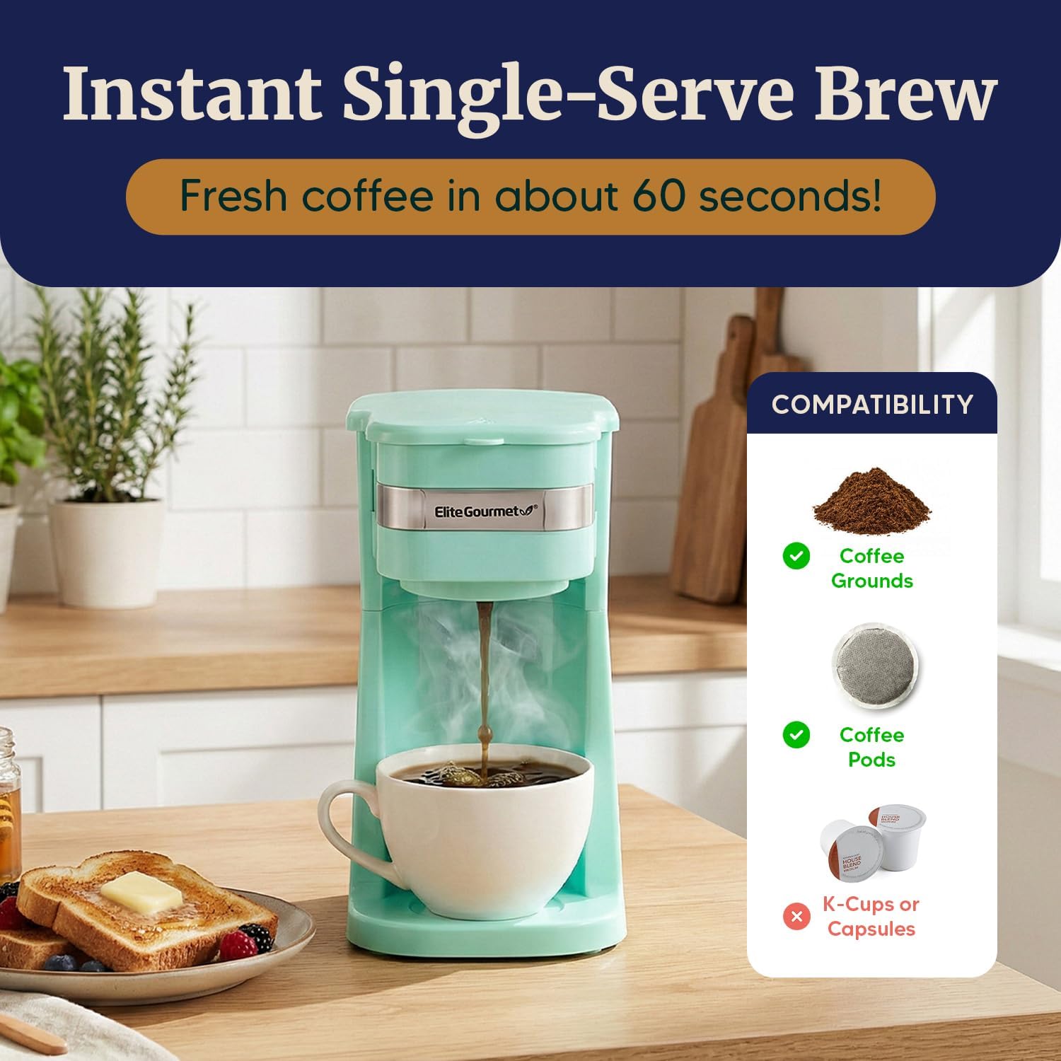 Elite Gourmet EHC113M Personal Single-Serve Compact Coffee Maker Brewer Includes 14Oz. Stainless Steel Interior Thermal Travel Mug, Compatible with Coffee Grounds, Reusable Filter, Mint - Image 2