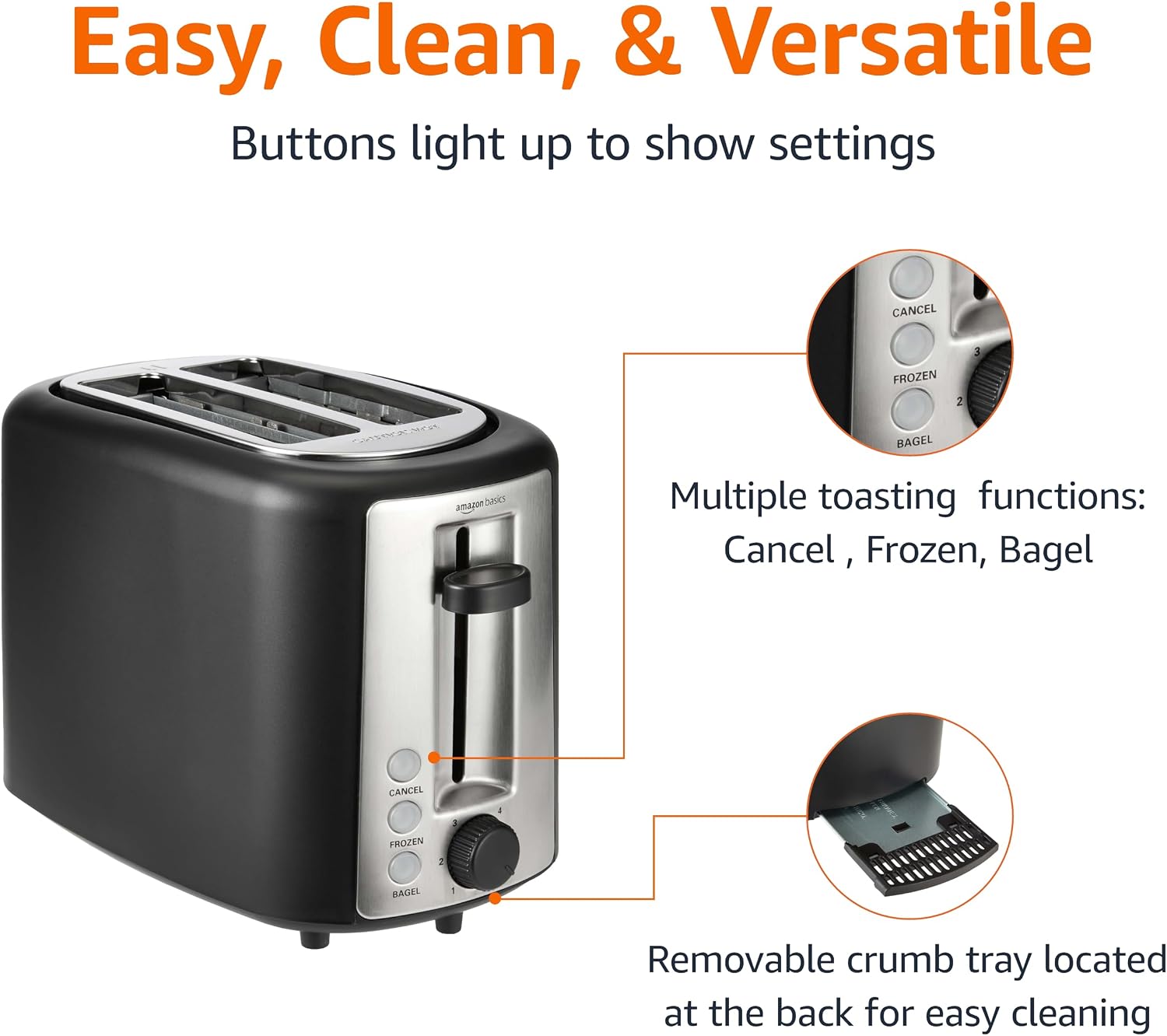 Amazon Basics 2 Slice Toaster, Extra Wide Slots for Bagels, 6 Browning Settings, Removable Crumb Tray, Defrost/Cancel/Bagel Buttons, Cord Wrap, 900W, Black & Silver - Image 4