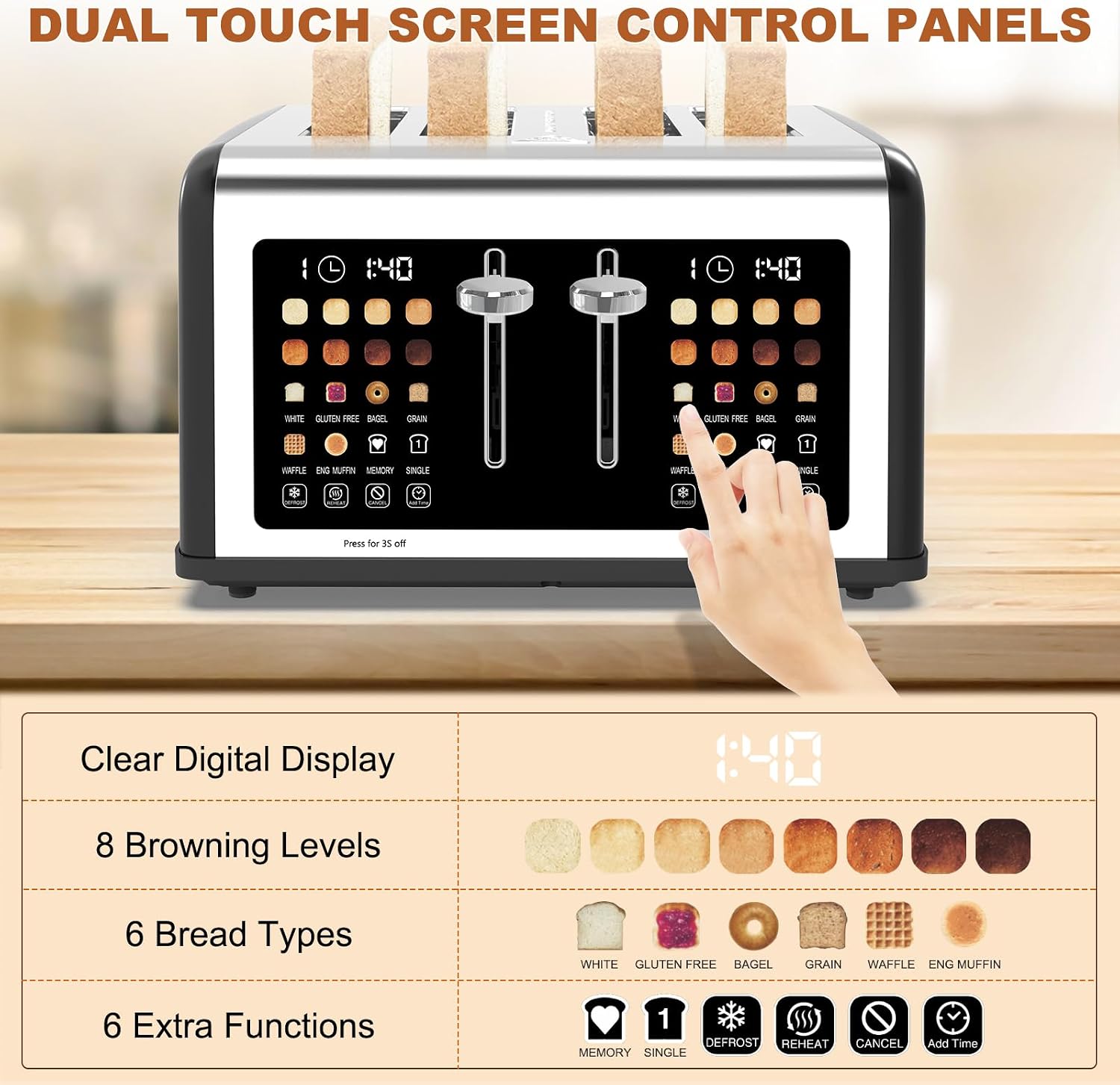 4 Slice Toaster Touch Screen, Stainless Steel Toasters Digital Timer, Dual Control Panel Toasters, 8 Shade Settings 6 Bread Types for Bagel, Cancel, Defrost 1650W Black - Image 3