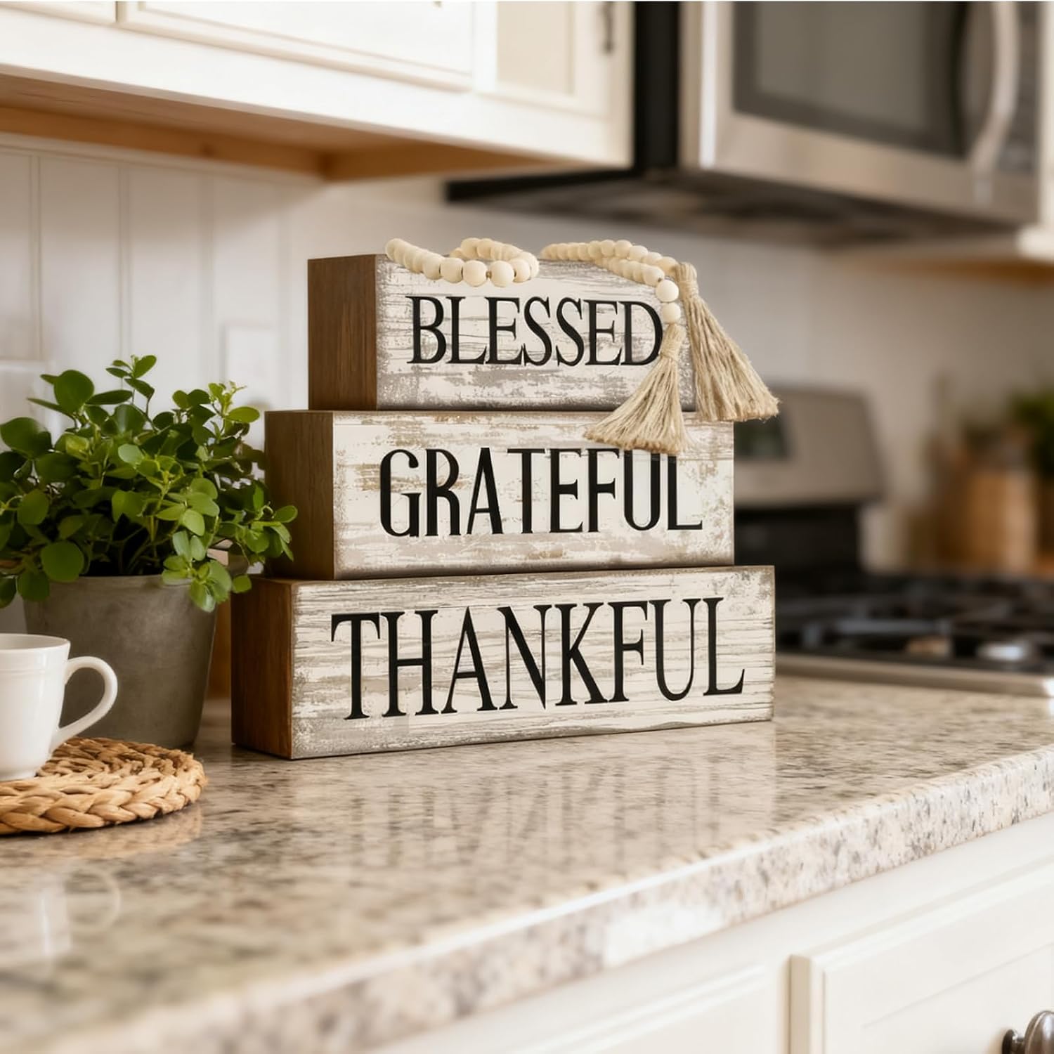4 Pcs Farmhouse Wooden Tabletop Decor Neutral Farmhouse Tiered Tray Decor Rustic Retro Wood Bead Garland Blessed Grateful Thankful Block Sign Centerpiece for Coffee Home Office Shelf Mantle Table - Image 8