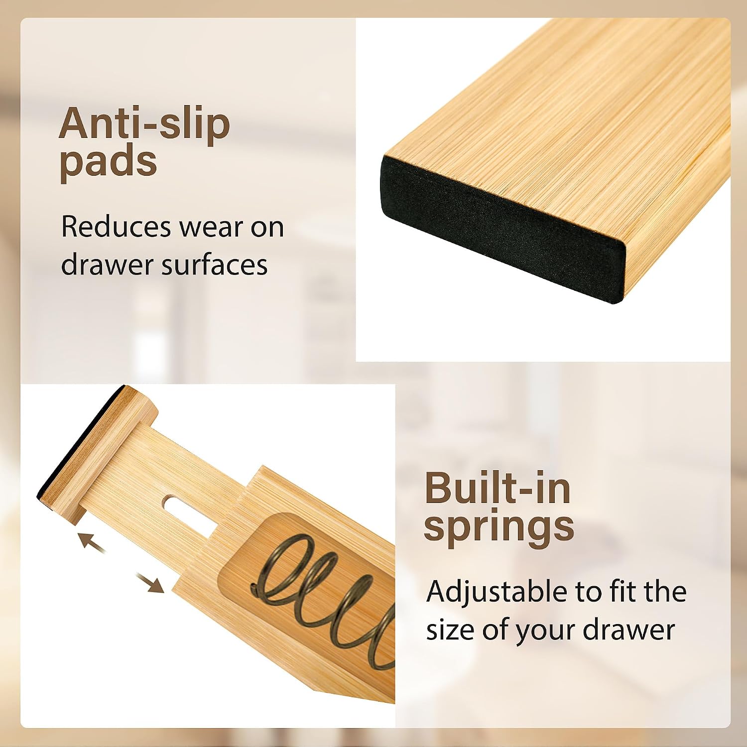 Bamboo Drawer Divider Set of 8, Adjustable Spring-Loaded Drawer Organizer (16.9"-22.2"), 2.3" Height, Suitable for Kitchen, Desk, Bathroom, Clothing, and Miscellaneous Drawer Organization, Natural - Image 3