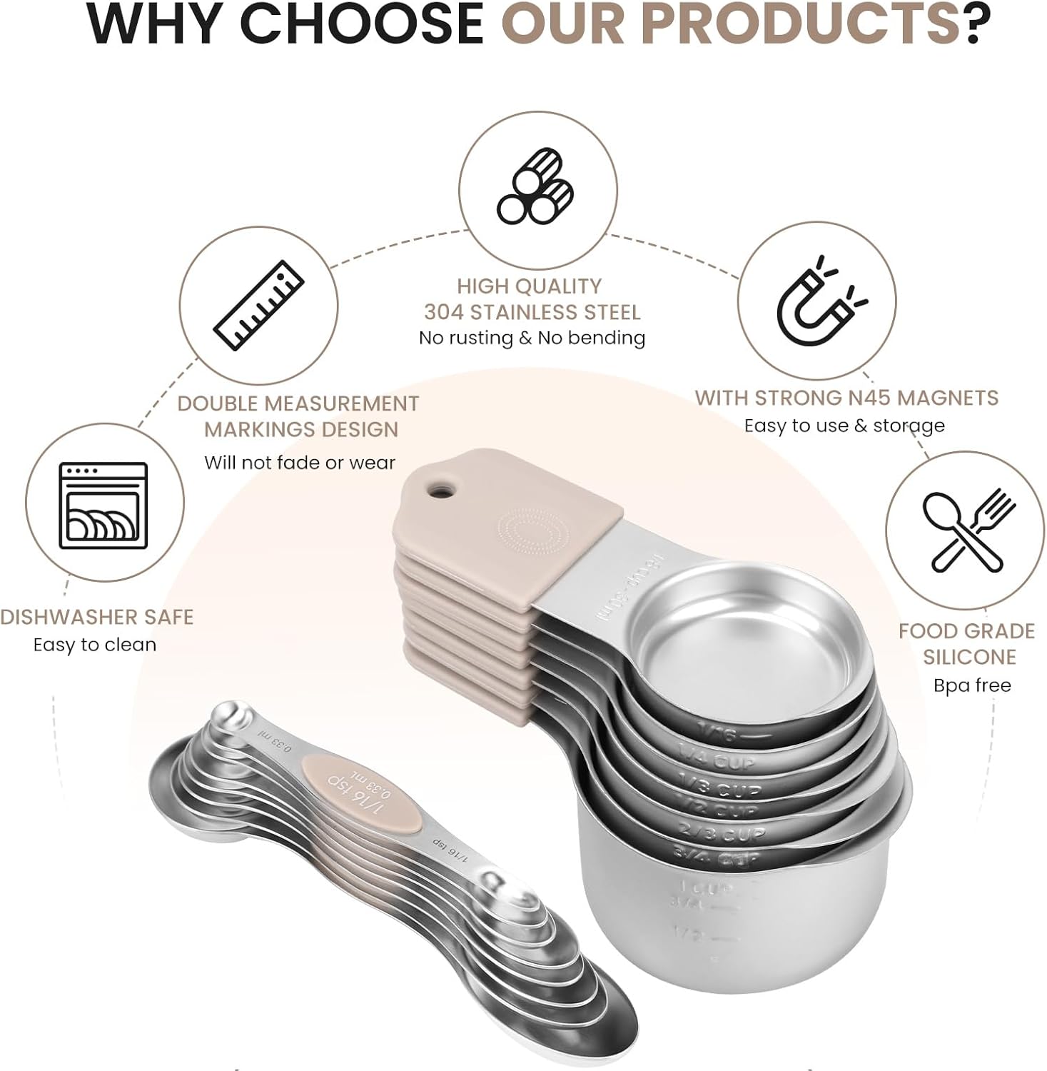 Magnetic Measuring Cups and Spoons Set-Heavy Duty 304 Stainless Steel,Double Measurement Markings,Set of 16 with Leveler for Measure Dry and Liquid Ingredients (khaki) - Image 2