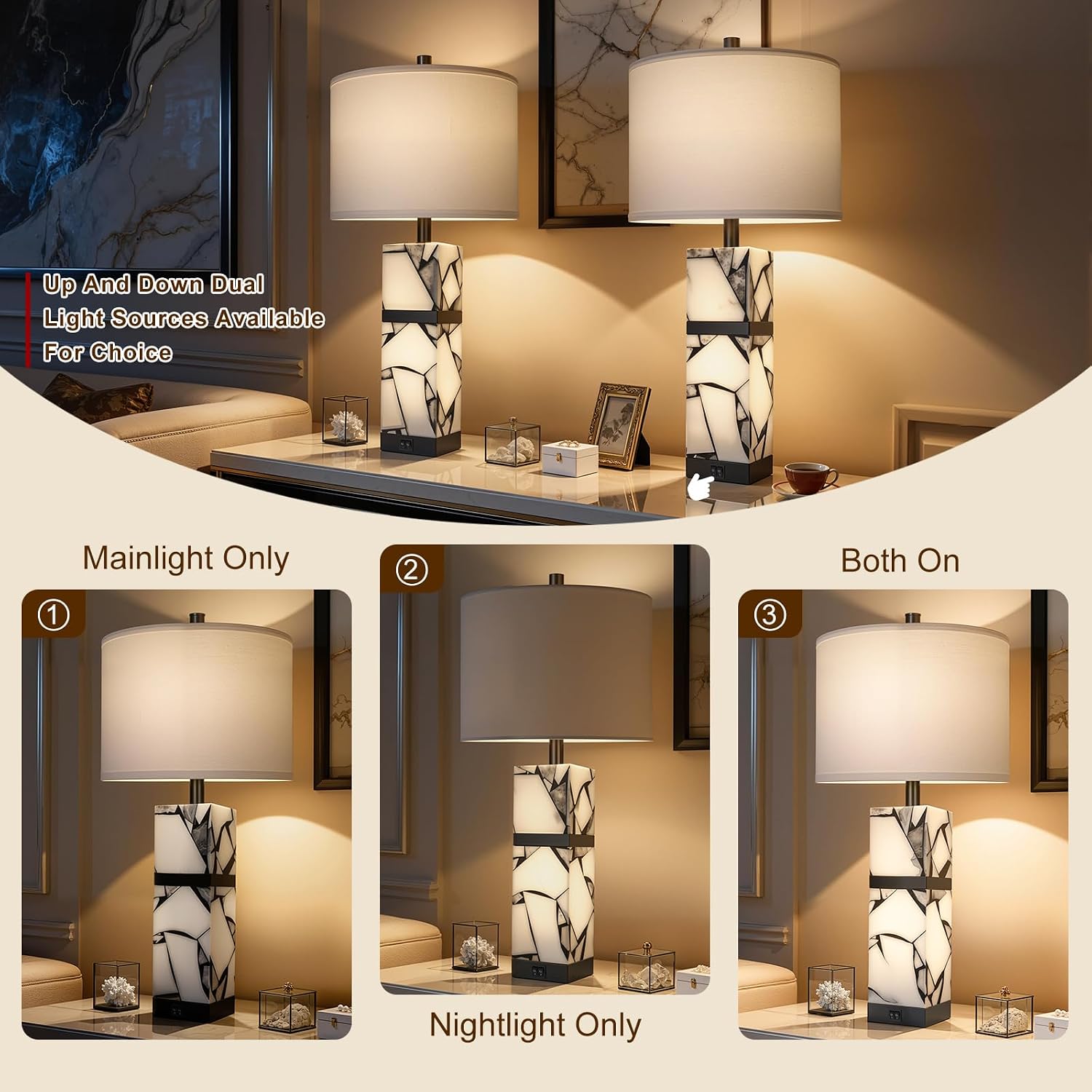 Scenekoy 27" Alabaster Table Lamps Set of 2 with Night Light for Living Room Bedroom, Nightstand Lamps with Linen Shade, Modern Bedroom Lamps with USB A+C Ports for Living Room Office (Bulb Included) - Image 3
