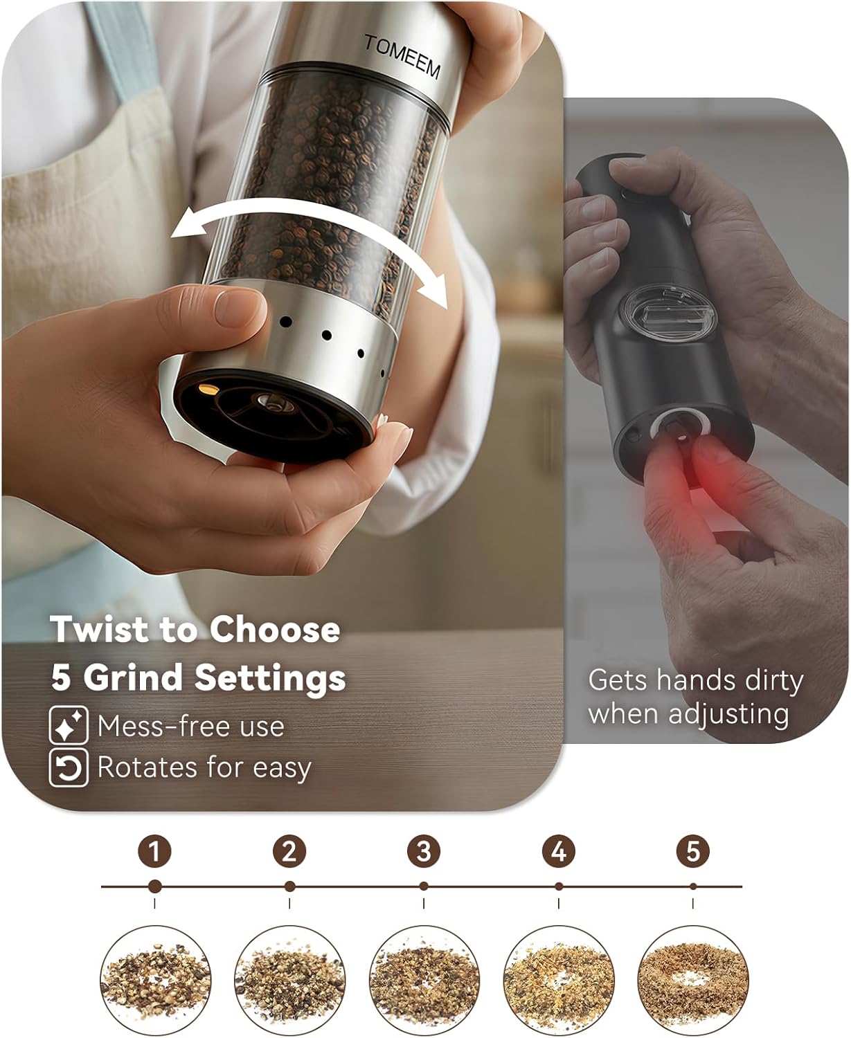 TOMEEM Rechargeable Electric Salt and Pepper Grinder Set, 115ml Large Capacity Stainless Steel Automatic Pepper Mill with Storage Base, LED Display and Light (Silver, Black Storage Base) - Image 3
