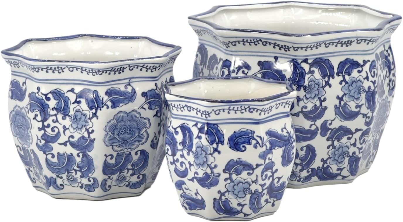 Galt International Blue & White Round Fluted Classic Floral Porcelain Ceramic Plant Flower Planter Pot Set of 3 (7.5", 10", 13") Garden Pots Chinese Asian Design