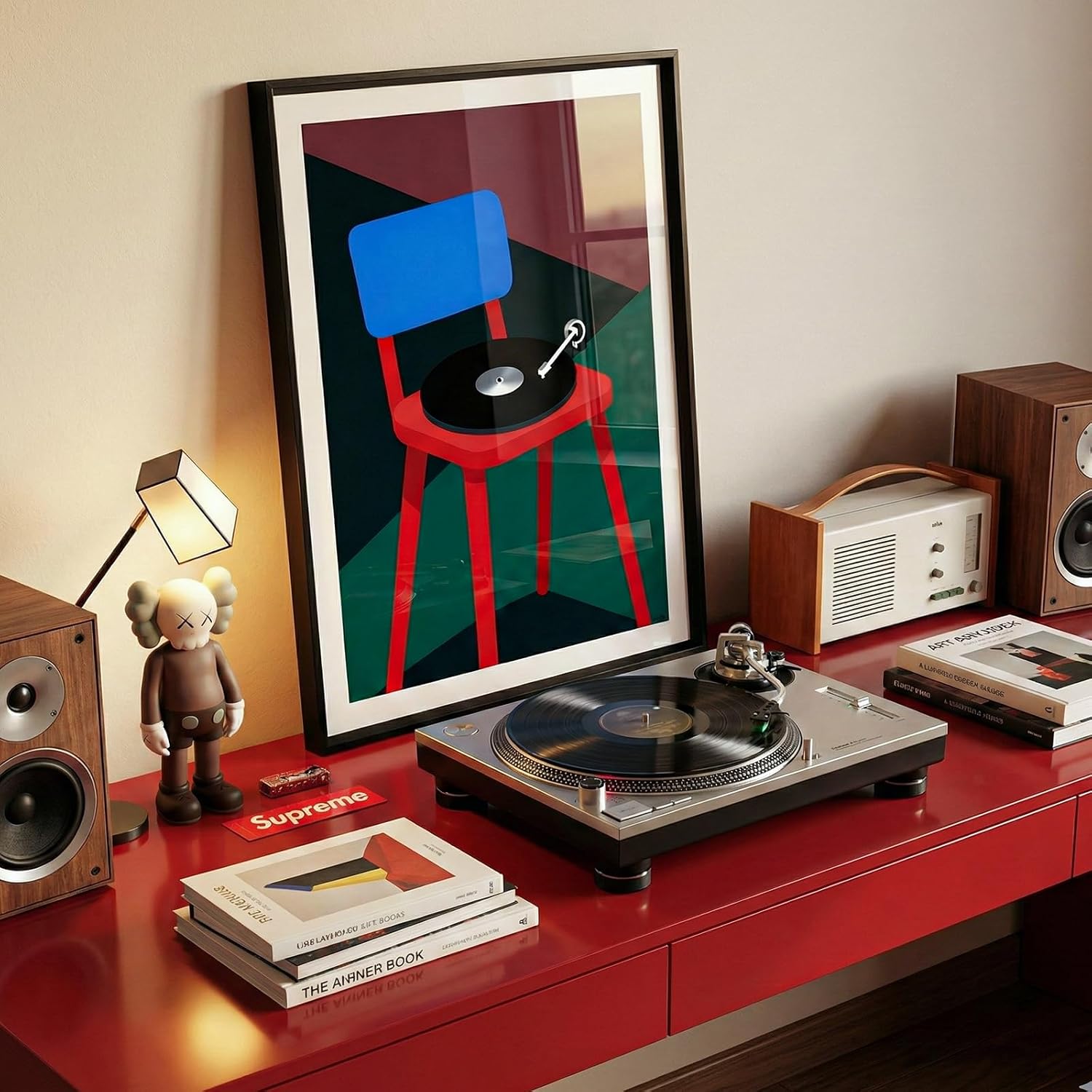 Modern Framed Abstract Music-Inspired Wall Art for Living Room Bedroom | 12x16 Inch Minimalist Chair & Vinyl Picture Print, Black Metal Framed Geometric Artwork for Bedside Tables Foyer Bookshelves - Image 3