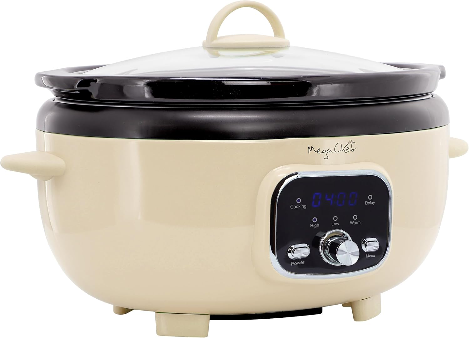 MegaChef 3.7 Quart Oval Electric Digital Slow Cooker with Black Stoneware Crock, Adjustable Timer & Temperature Control, Delay, High, Low & Warm Settings - Versatile Cooking Appliance (Cream) - Image 5