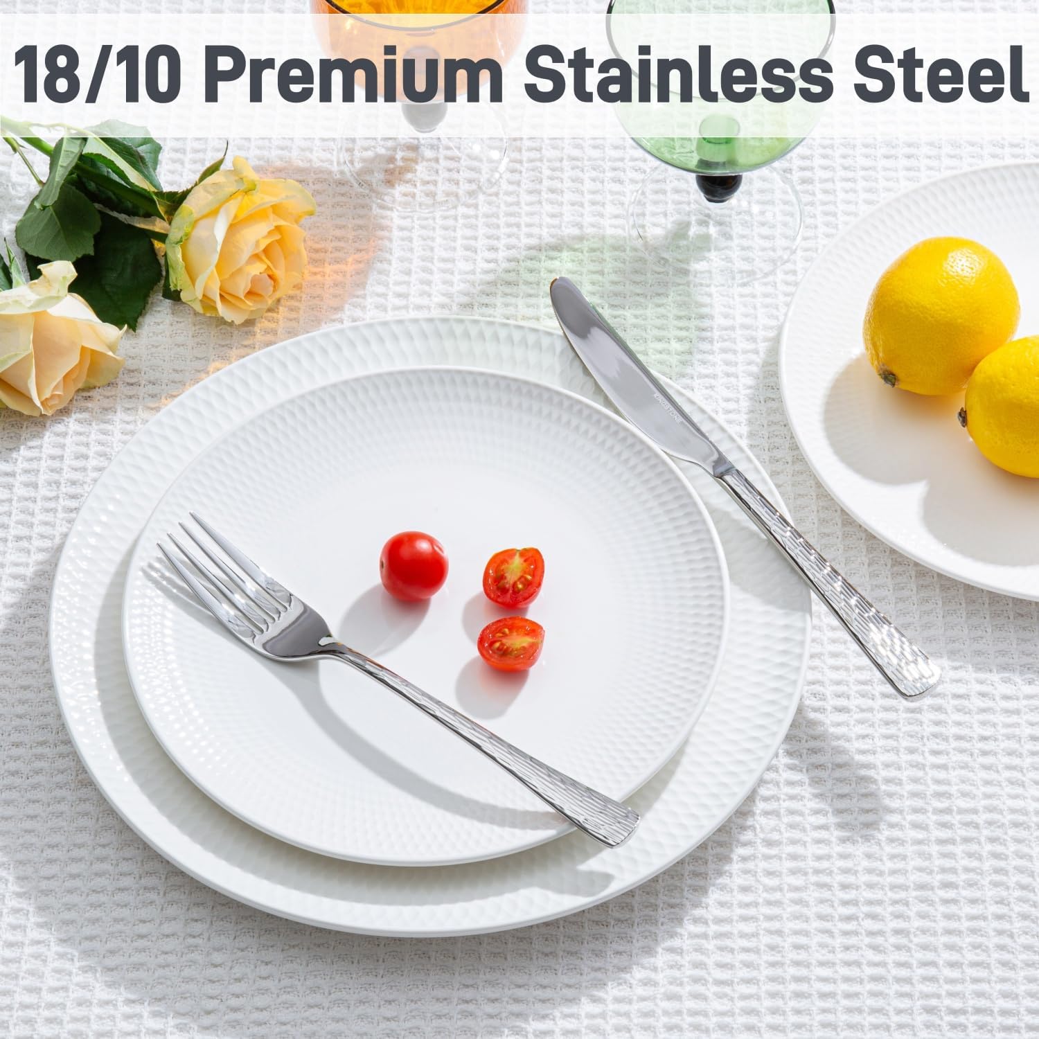KINGSTONE Hammered Silverware Set, 20-Piece Flatware Set, 18/10 Stainless Steel Premium Cutlery with Unique Ripple Handles Design Mirror Polished - Dishwasher Safe - Image 5