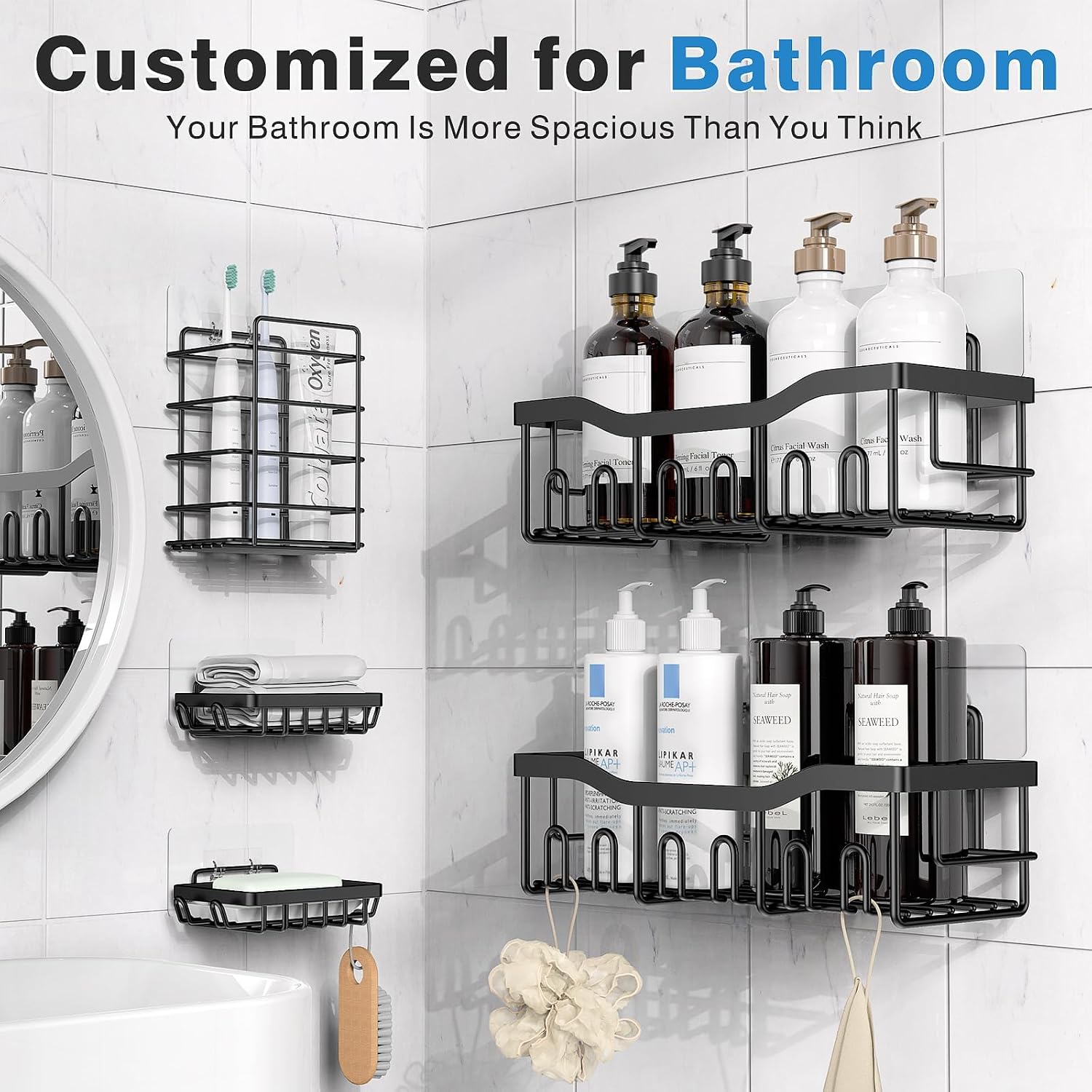 EUDELE Adhesive Shower Caddy, 5 Pack Rustproof Stainless Steel Bath Organizers With Large Capacity, No Drilling Shelves for Bathroom Storage & Home Decor - Image 2