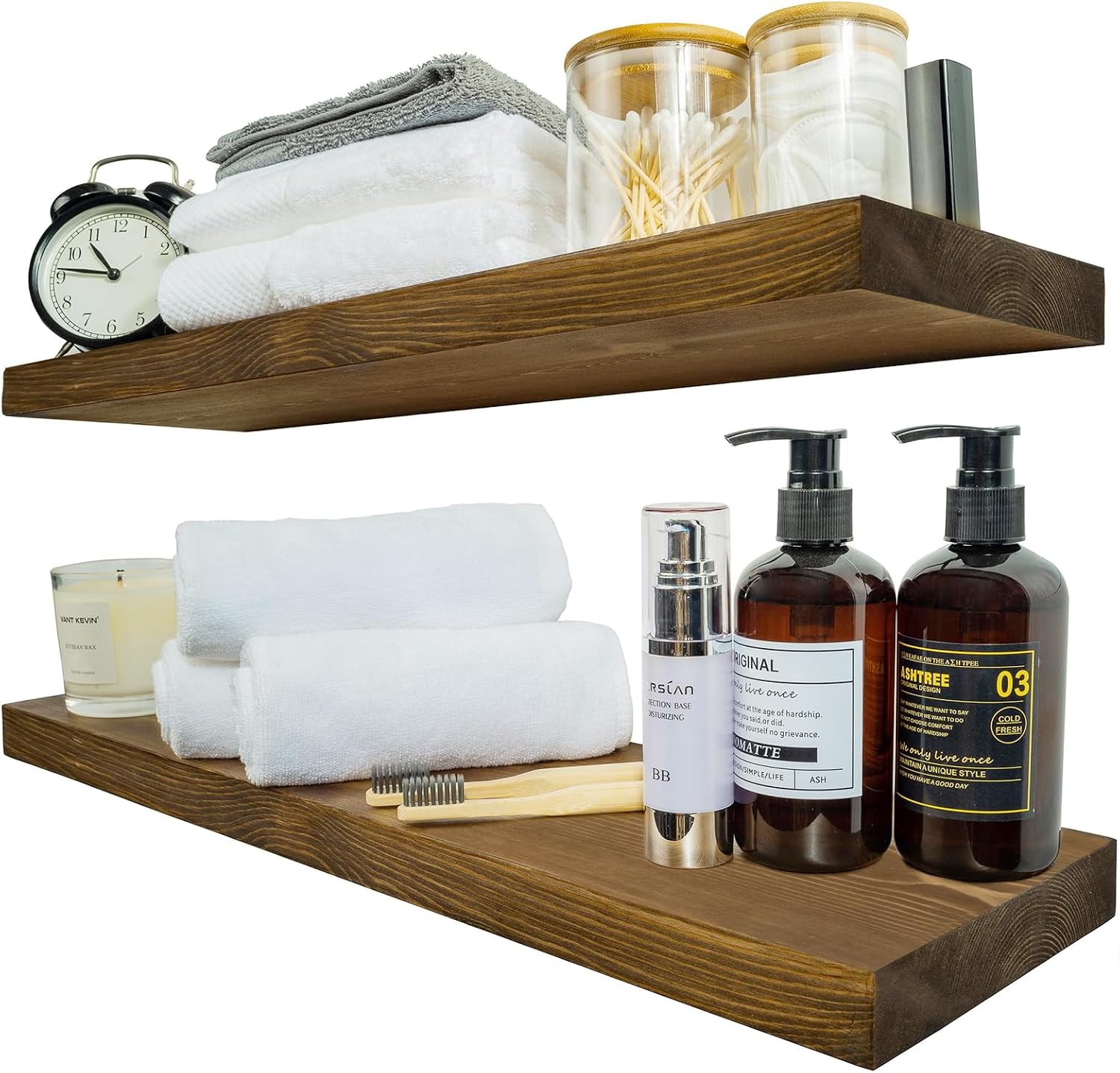 BGMG Wood Floating Shelves for Wall 24 inch Set of 2, Rustic Wooden Wall Mount Shelves for Bathroom Living Room Bedroom Kitchen Farmhouse -24x6.7-Dark Walnut