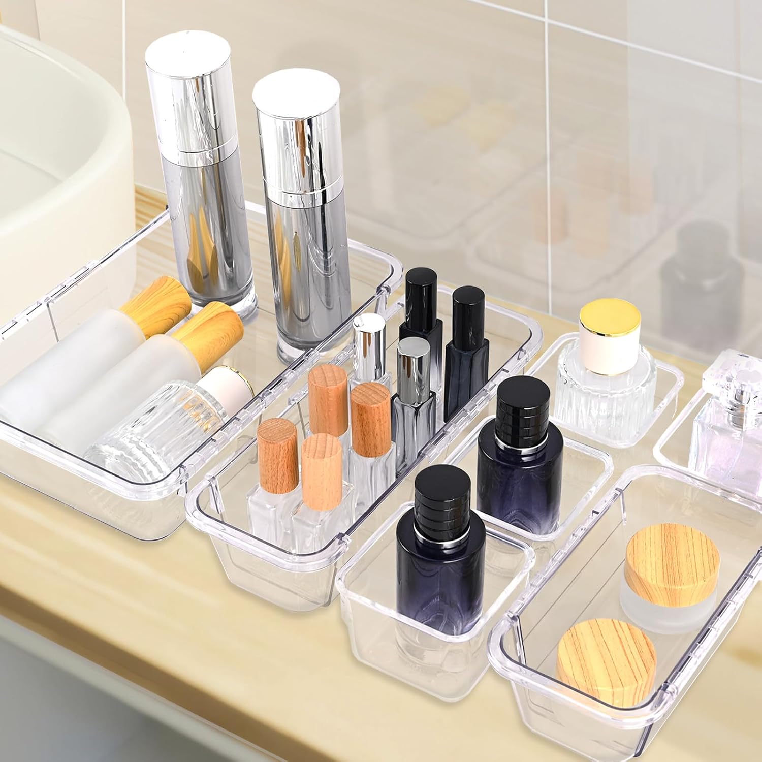 25 Pcs Clear Drawer Organizer, Adjustable Drawer Storage Box, 3-Size Desk Drawer Organizer, Acrylic Storage Bins for Makeup, Cosmetic, Kitchen Utensils, Bedroom Dressers Tool Organizer for Gadgets - Image 7