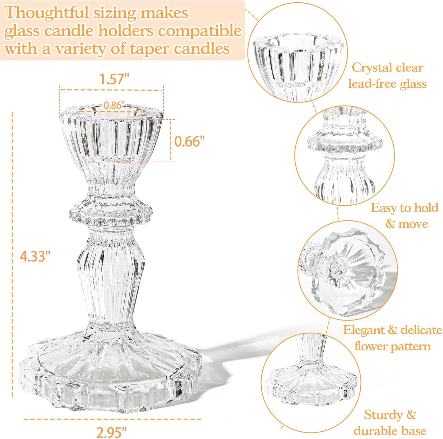 4.33" Tall Glass Candlestick Set of 6 Clear Crystal Candle Holders for Glass Taper Holder Decor for Wedding Birthday Party Christmas - Image 5