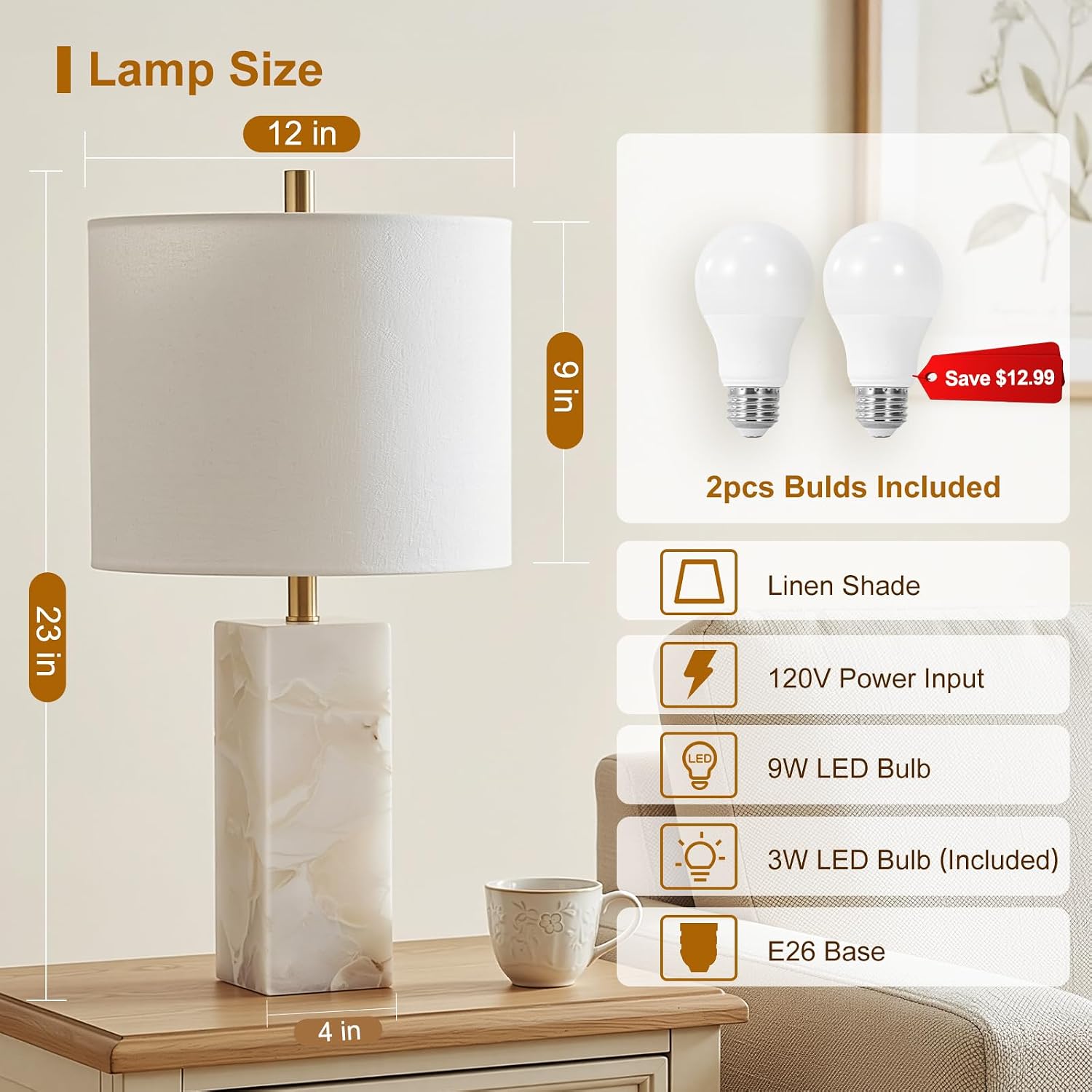 Scenekoy Alabaster Table Lamp Set of 2 with Night Light for Bedroom Living Room, 23" Rotary Switch Bedside Lamp with Linen Shade, Modern Nightstand Lamps for Room Office Dorm (Bulb Included) - Image 2