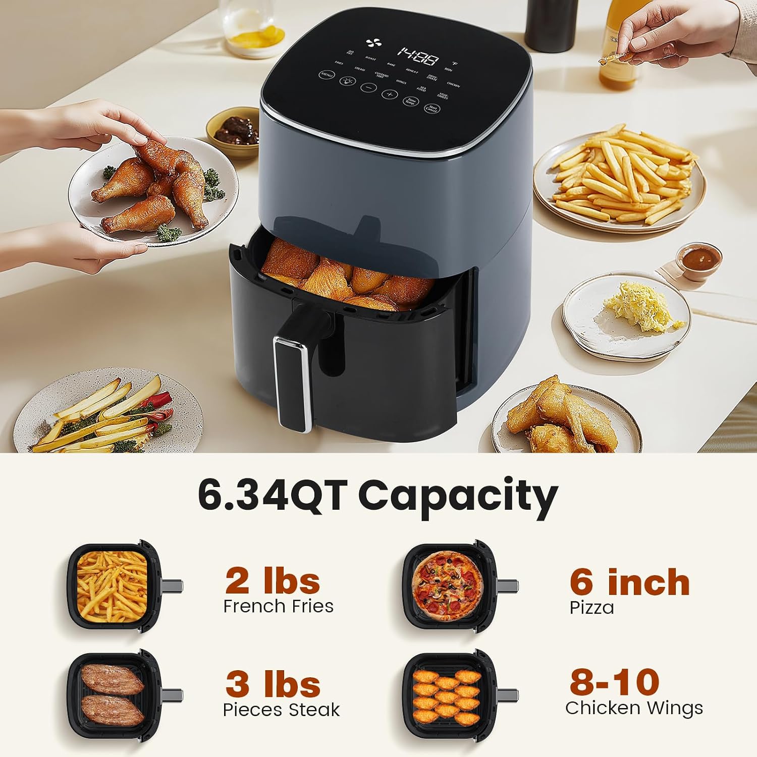 Air Fryer, 6QT Square Airfryer with Visual Window, 400°F Fast Heating Air Fryers Oven with Timer, Auto-Off, Non Toxic & Non Stick, Multiple 12 Modes for Roast, Bake, Dehydrate, Fry, Reheat - Image 2