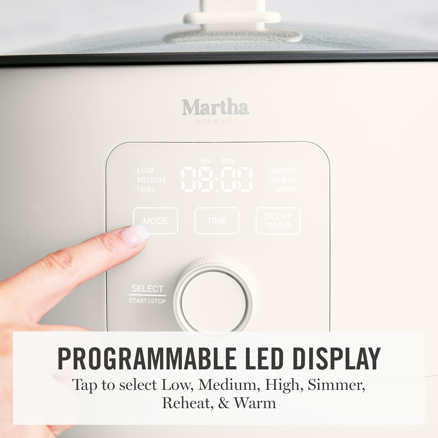 Martha Stewart 8 QT Slow Cooker, Programmable with Timer, 3 Heat Settings (Low, High, Warm), Nonstick Ceramic Removable Crock, Stovetop & Oven Safe, Glass Lid, Simmer, Reheat, Warm, Linen - Image 3