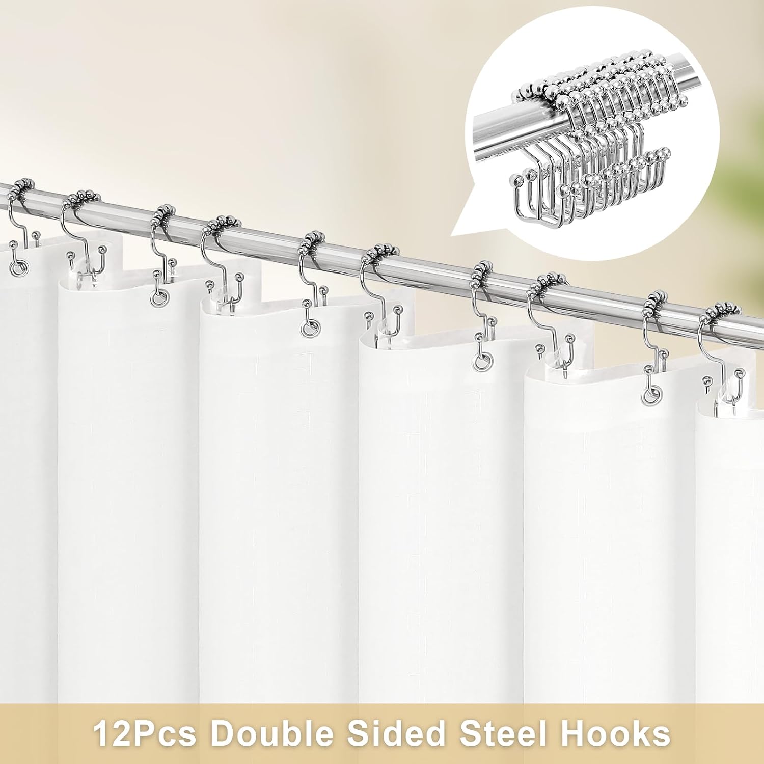 MitoVilla 3 in 1 Shower Curtain Set, White Modern Slub Textured Fabric Shower Curtain and Clear PEVA Liner Set with 12 Double Sided Steel Hooks, Waterproof Fabric Hotel Bathroom Curtain - 72x72 - Image 3