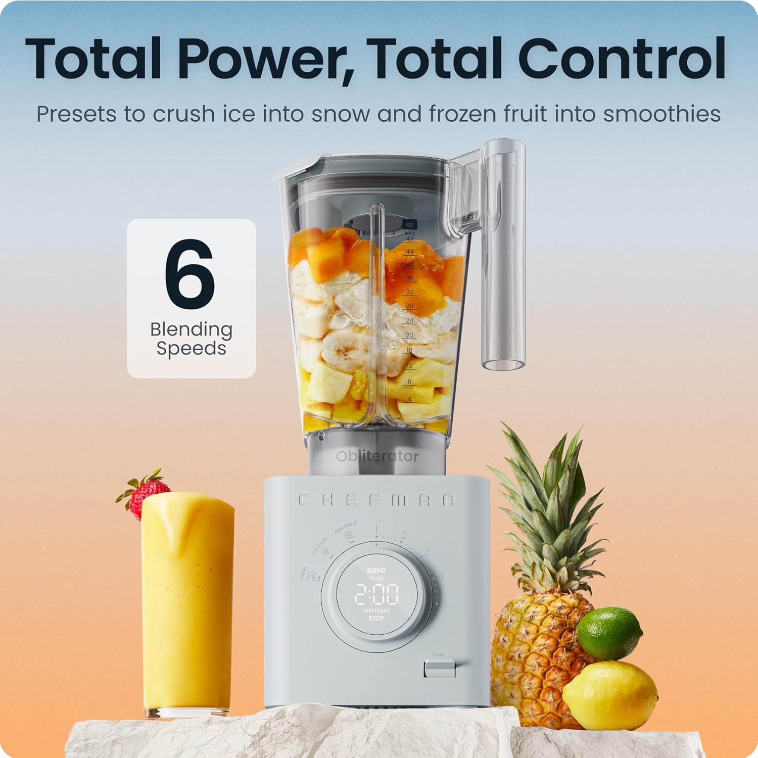Chefman Obliterator 48 oz Countertop Blender for Smoothies, 1380W Motor to Crush Ice, Nuts, and Frozen Fruit with Stainless Steel Blade, Auto Blend Function, Includes Tamper and Scraper - Image 8