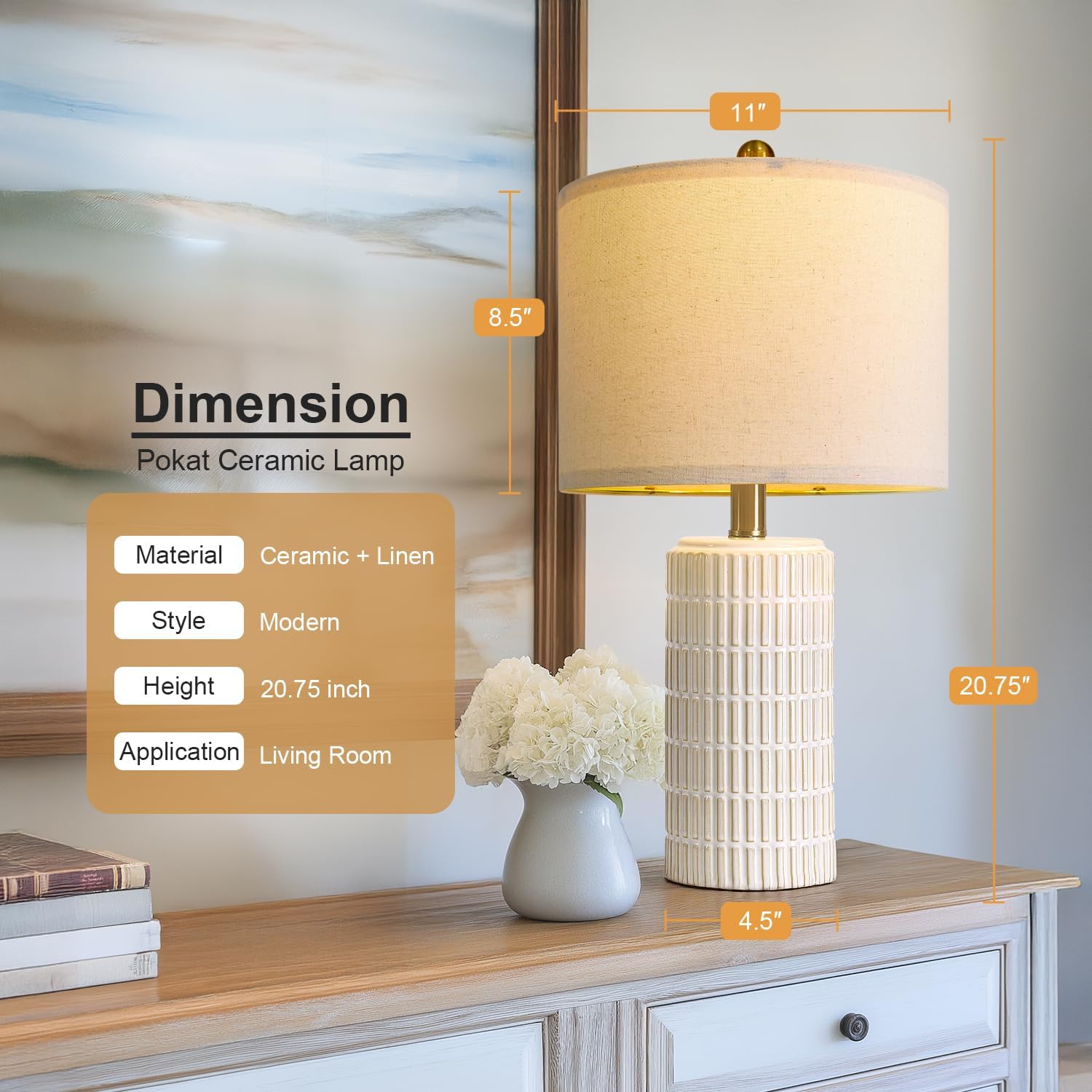 PoKat 20.75" Small Modern Ceramic Table Lamps Set of 2 for Bedroom, White Bedside Lamps for Night Stands, Farmhouse Desk Home Decor Gift Nightstand Table Lamps for Living Room End Table Beige - Image 3