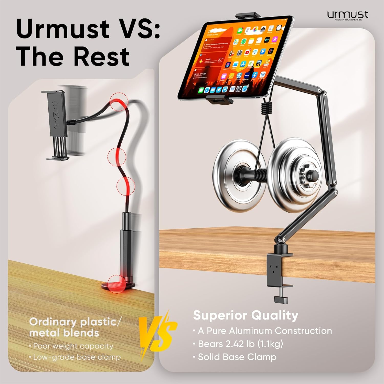 Urmust Tablet Stand for Desk, Adjustable iPad Holder for Bed, 360° Rotation, Sturdy Aluminum Tablet Arm Mount for 4.7"-15.6" iPad Pro/Air/Mini, iPhone, Galaxy Tab, for Kitchen, Work, Video Call - Image 7