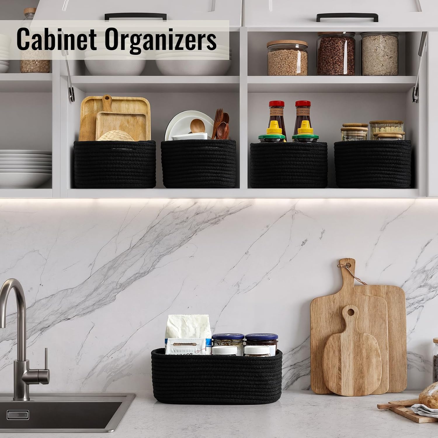 8 Pack Small Storage Baskets for Organizing, Woven Rope Bins for Bathroom, Closet, Shelf Organizer, Cute Cube Decorative Box for Towels, Baby Nursery, Toys, Gift Empty Baskets - 11.5"x7.5"x4.7"-Black - Image 3