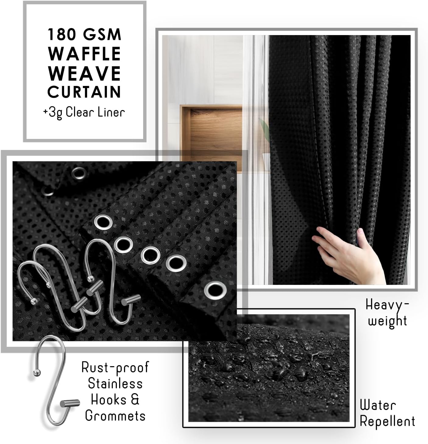Clara Clark Bathroom Accessories Set - Bathroom Set, Bathroom Accessory Set, Shower Curtain Set, Toilet Brush, Trash Can & Soap Dispenser - Black - 20PC - Image 4