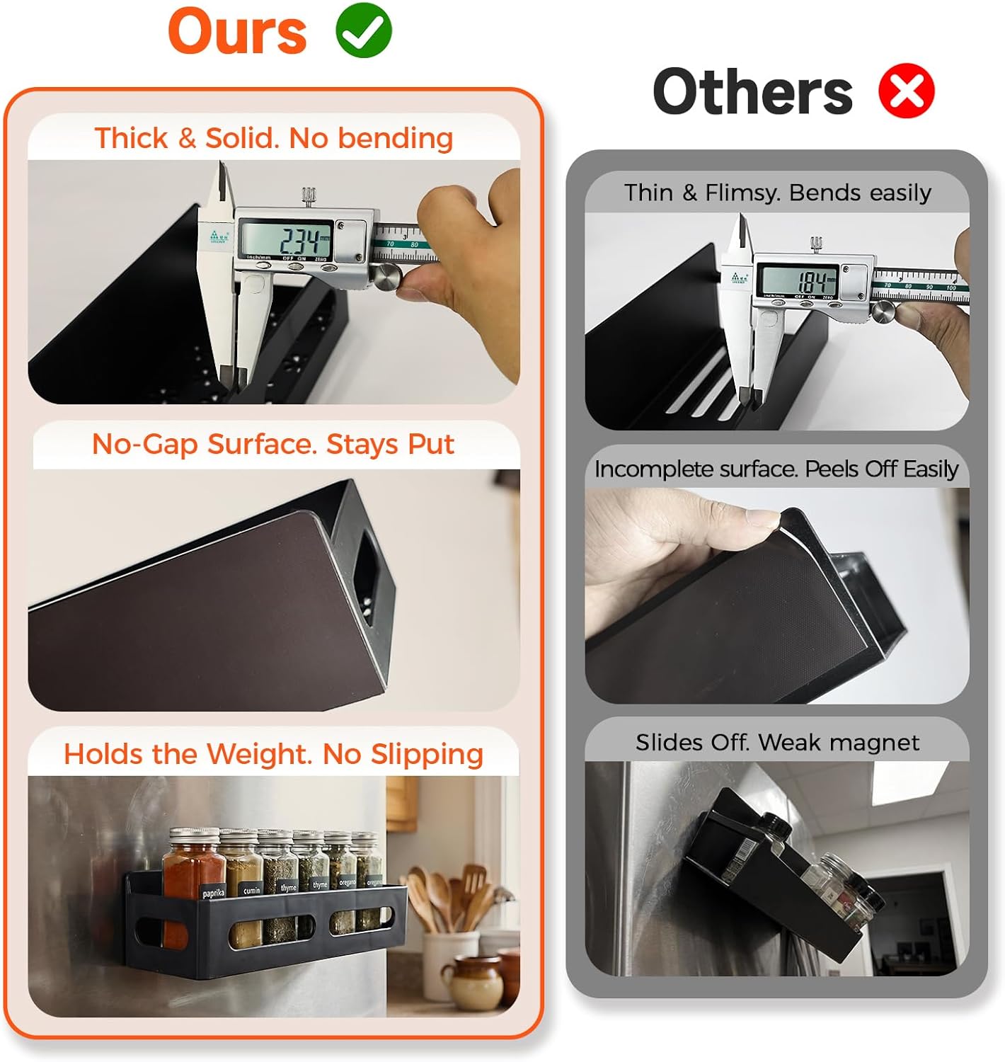 Sevenblue 4-Pack Magnetic Spice Rack for Refrigerator with Hooks, Black | Strong multipurpose magnetic shelf for kitchen & bathroom organization. Includes 4 removable hooks for hanging items. - Image 8