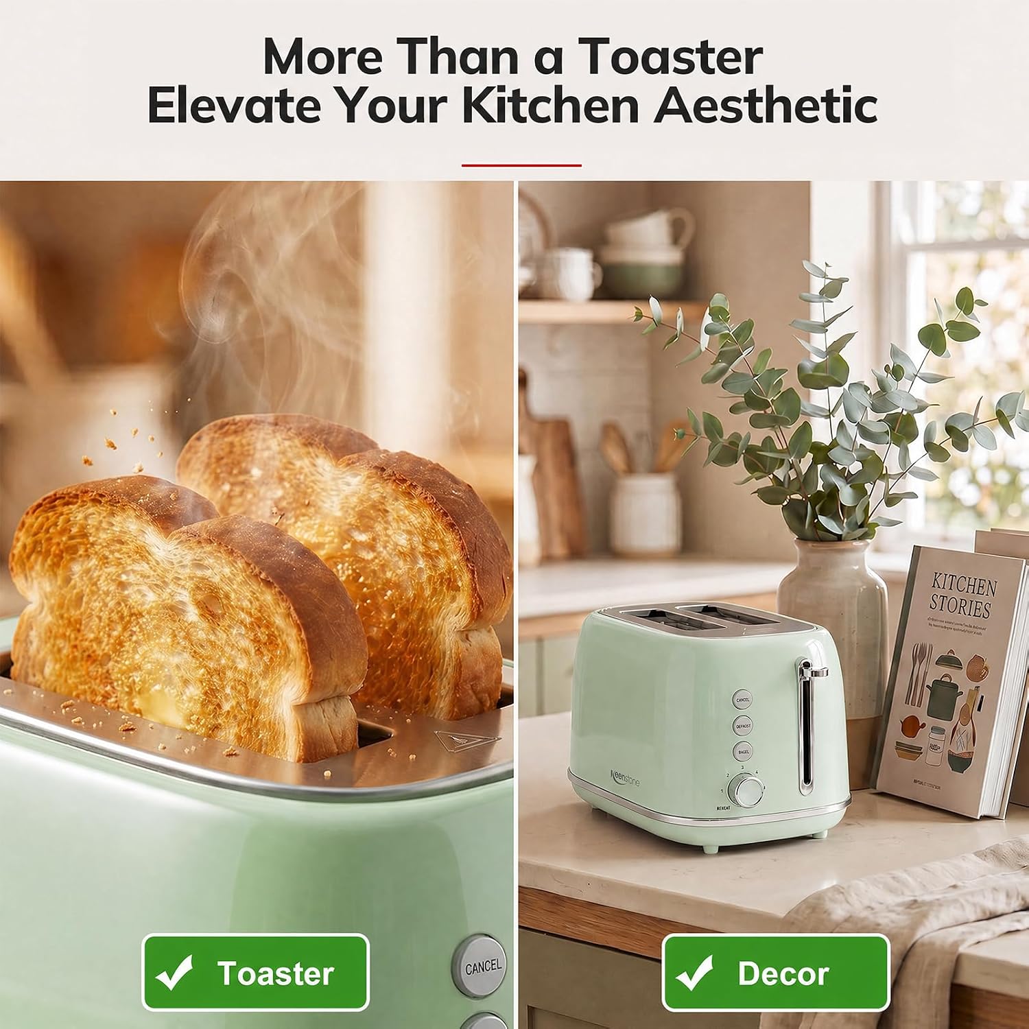 2 Slice Stainless Steel Toaster Retro with 6 Bread Shade Settings, Bagel, Cancel, Defrost Function, Extra Wide Slot, Removable Crumb Tray Green - Image 2