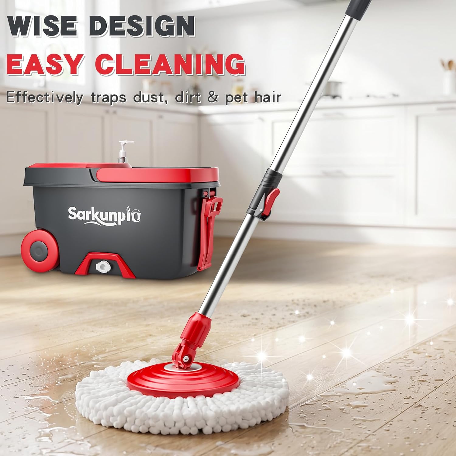Mop and Bucket Set with Wringer, Spin Mop Floor Cleaning System with 6 Replacement Microfiber Heads & 61" Extra-Long Handle for Home Floor, Dark Grey - Image 3