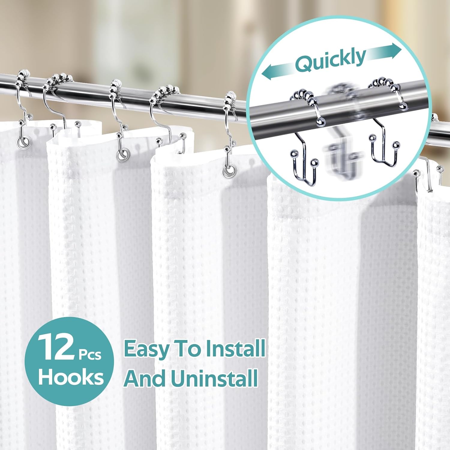 Vipfree 3 in 1 Shower Curtain Set, Waffle Shower Curtain and Liner Set with 12 Double Sided Shower Curtain Hooks, 258GSM Luxury Weighted Cloth Shower Curtains for Bathroom, 72 W x 72 H, White - Image 2